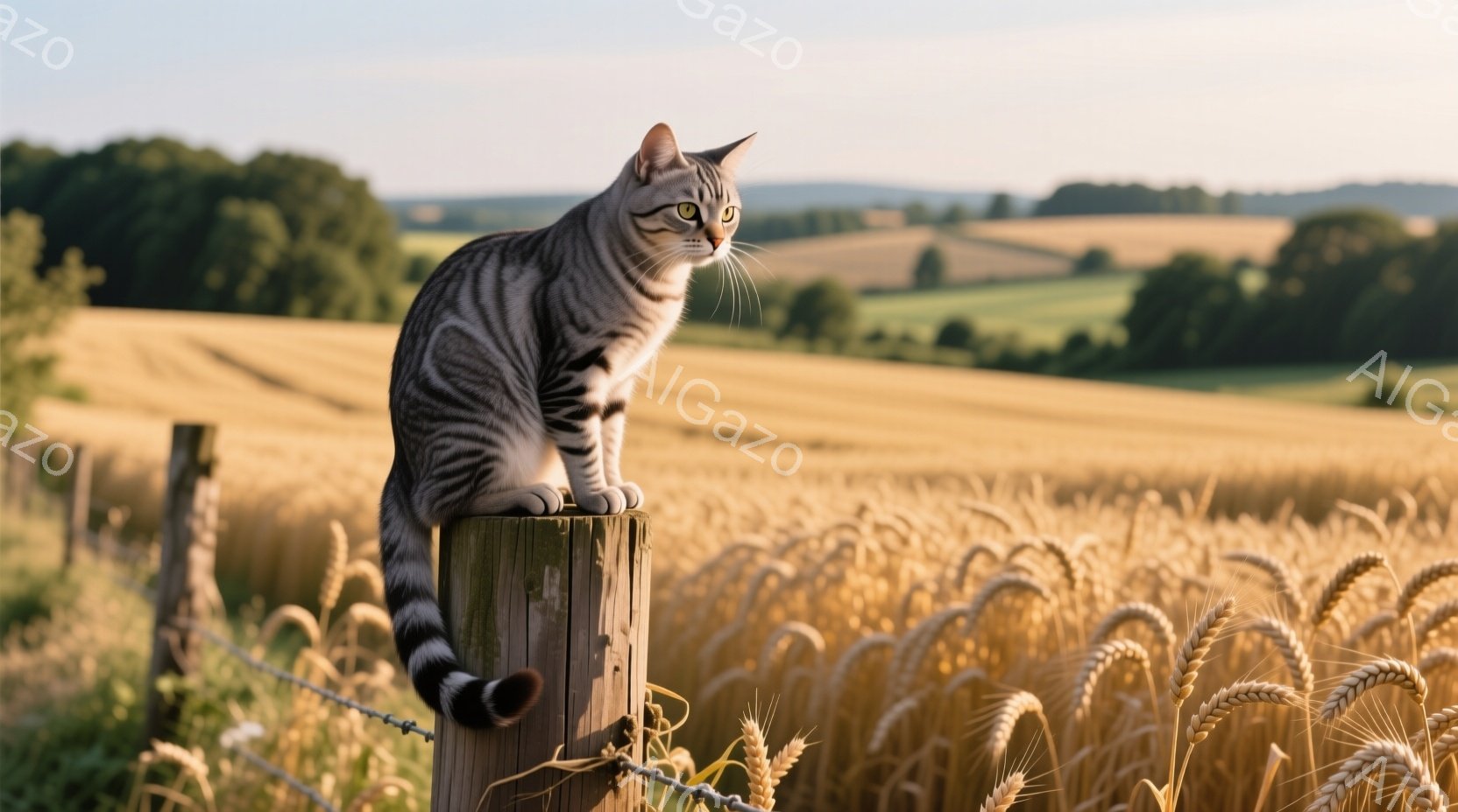 縞模様の猫が、木製の柵の柱の上に座って遠くを見つめています。黄金色の麦畑が広がり、緑の丘が背景にぼんやりと見えます。穏やかな日差しが猫の毛並みを照らし、平和で牧歌的な雰囲気を醸し出しています。