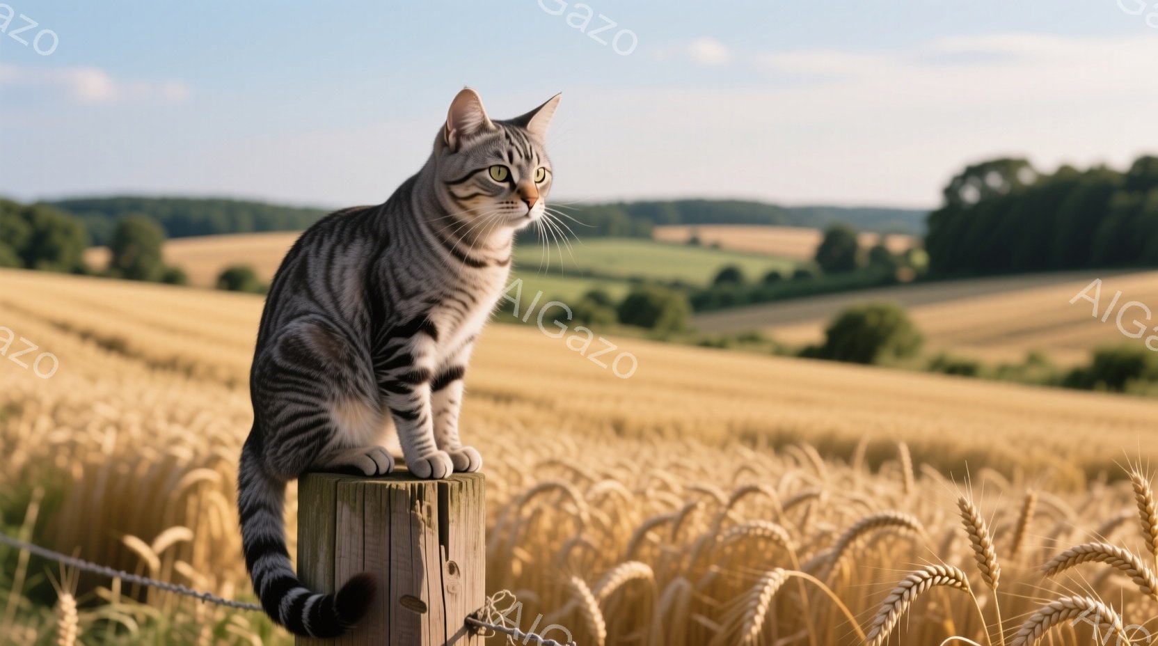 黄金色の麦畑の中に、縞模様の猫が木柱の上に座って遠くを見つめている。猫はリラックスした姿勢で、しなやかな尾は柱から垂れ下がっている。背景には緑豊かな丘陵地帯が広がり、晴天の下、穏やかで平和な雰囲気が漂っている。