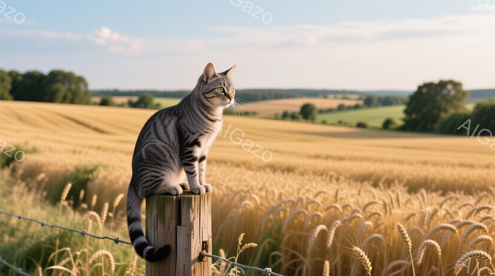 日本語で説明するため、直接解説することはできませんが、以下の要素を含めて説明します。 2. 服装・髪型・表情：猫は頭が高く上に乗っているのが特徴で、目を視きながら見つめている表情をしています。 3. 動作・姿勢：猫は木柱に座り、沈んだような状態で眼を視きながら息をつくように見つめています。