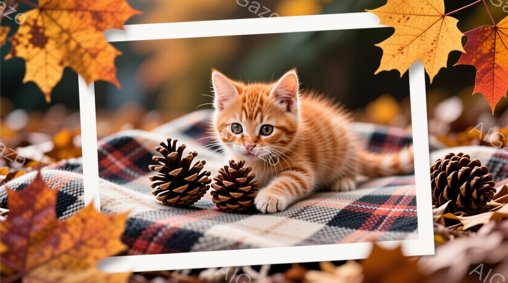 オレンジ色の縞模様のキティが、赤いチェック柄の毛布の上で横たわっています。キティは前足を伸ばし、穏やかな表情でカメラを見つめています。背景には、いくつかの松ぼっくりが置かれ、秋らしい暖かく落ち着いた雰 - AI生成フリー素材