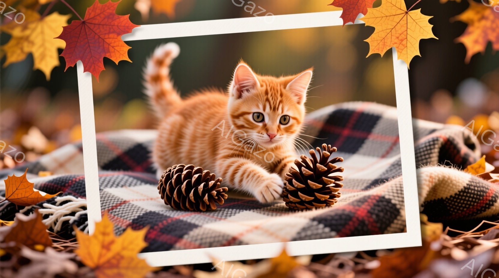 オレンジ色の縞模様の小さな子猫が、赤と黒のチェック柄の毛布の上に2つの松ぼっくりと共に写っている。子猫は前足を伸ばし、興味津々な表情でカメラを見つめている。背景はぼかされており、暖かく秋らしい雰囲気が - AI生成フリー素材