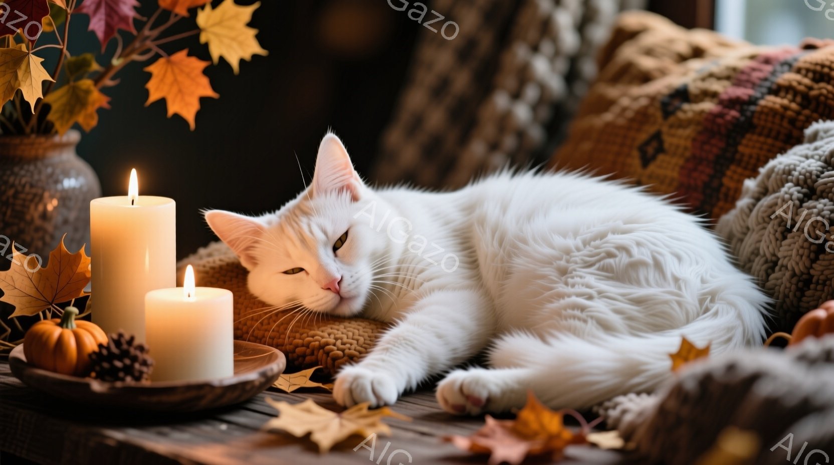 白い毛並みの猫が、木製のテーブルの上でくつろいでいる様子が写っている。周囲には、秋を象徴するカボチャ、松ぼっくり、紅葉が散りばめられ、温かい光を放つキャンドルが置かれている。背景には、手編みのブランケットや花瓶がぼんやりと見え、秋の穏やかで心地よい雰囲気を醸し出している。