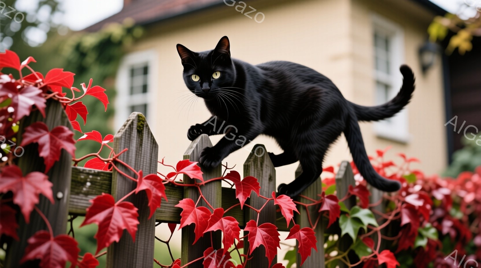 黒猫が赤い蔦に覆われた木製の柵の上を歩いている。猫は前方をまっすぐ見つめ、警戒心と自信に満ちた表情をしている。背景には、クリーム色の壁を持つ建物と緑豊かな自然が見え、秋の穏やかな雰囲気が漂っている。
