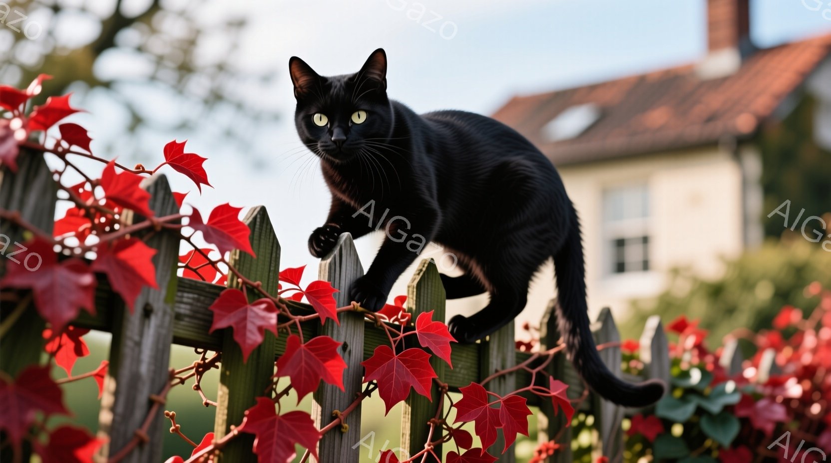 黒猫が木の柵の上を歩いている様子が写っている。背景には赤い蔦が絡みつき、その奥には屋根付きの建物が見える穏やかな秋の風景だ。猫は前方をまっすぐ見据え、堂々とした姿勢で、鮮やかな紅葉と対照的な黒い毛並みが印象的である。
