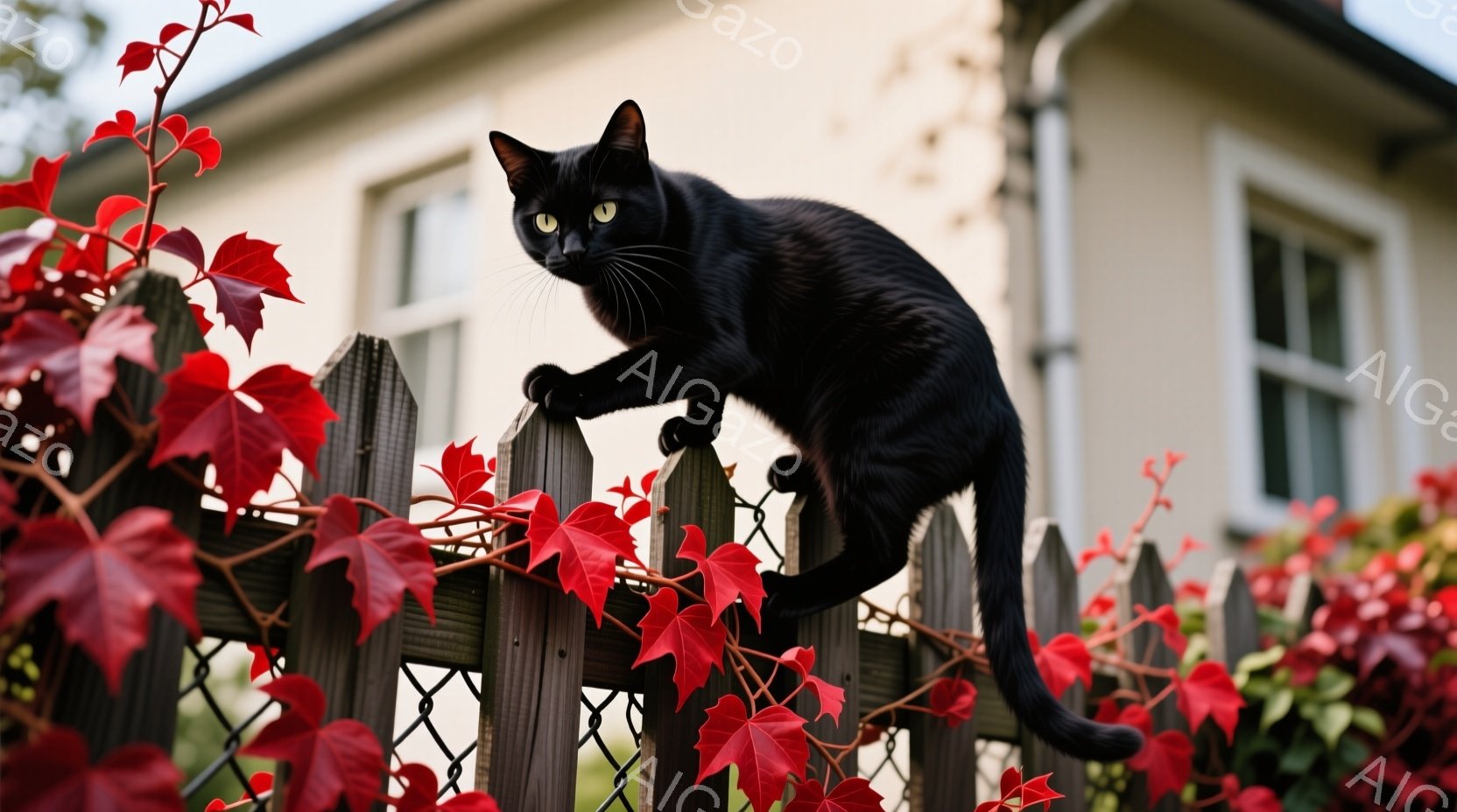 黒い猫が、赤い蔦が絡まる白い木製の柵の上を歩いている様子が写っている。猫は鋭い眼差しで何かを見つめ、身体は緊張しているように見える。背景には、白い壁の家が見え、鮮やかな紅葉のコントラストが秋の落ち着いた雰囲気を醸し出している。