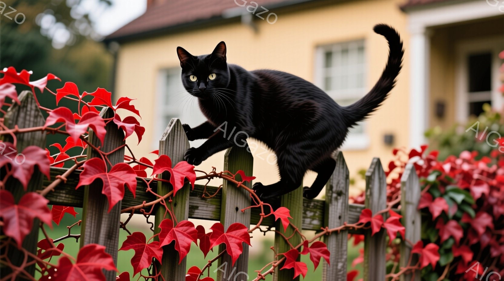 黒い猫が、赤い蔦に覆われた木の柵の上で、前足をかけて登っている様子が写っている。猫は鋭い眼差しで何かを見つめ、しなやかな身体と長く伸びた尾が特徴的だ。背景には、クリーム色の建物と緑の草地が見え、秋の穏やかな天候を感じさせる。