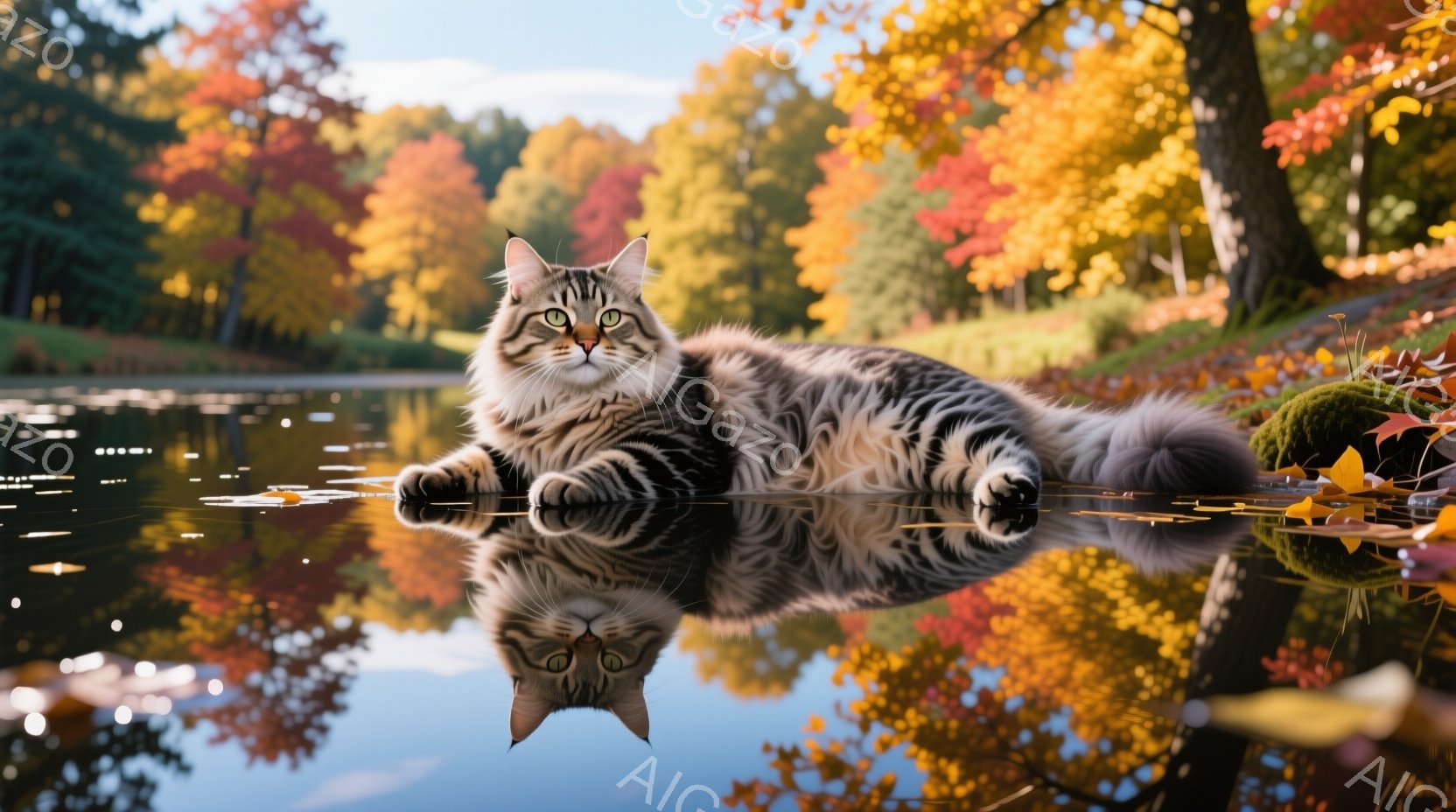 縞模様の大きな猫が、穏やかな水面に浮かぶ木の根の上に横たわっています。背景には鮮やかな紅葉の木々と緑の草地が広がり、秋の暖かい日差しが水面を照らしています。猫の表情は穏やかで、リラックスした雰囲気が漂 - AI生成フリー素材