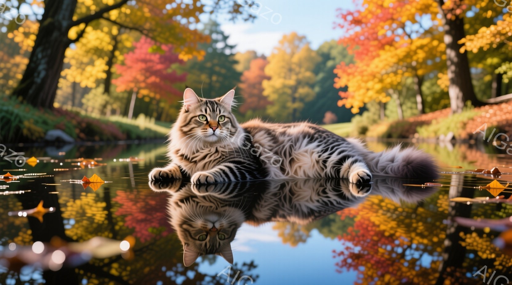 この、自然が美しい秋の景色が描かれており、その中で長毛の猫がリフレクションをつくって池の水面に座っています。猫は大きな白と黒の斑点がある、典型的な豊かな毛を持っており、姿勢や表情は一見怠けないその他の動物と似ています。背景には金色の樹木があり、落葉が池の周囲で大きく散らばっています。 雰囲気は平和で優しく、自然と共にリラックスするかのような感覚を与えます。