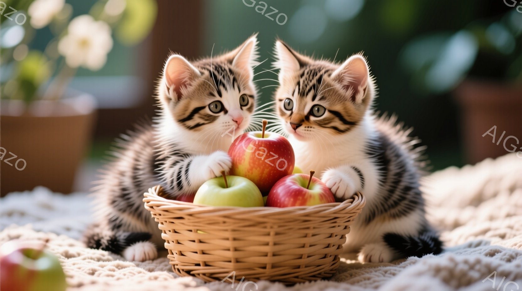 縞模様の小さな子猫たちが、リンゴがたくさん入ったバスケットの中に座っています。子猫たちは前足を伸ばし、リンゴを抱えているように見え、好奇心と遊び心に満ちた表情をしています。背景にはぼやけた緑があり、明るい日差しが差し込み、温かく穏やかな雰囲気を醸し出しています。