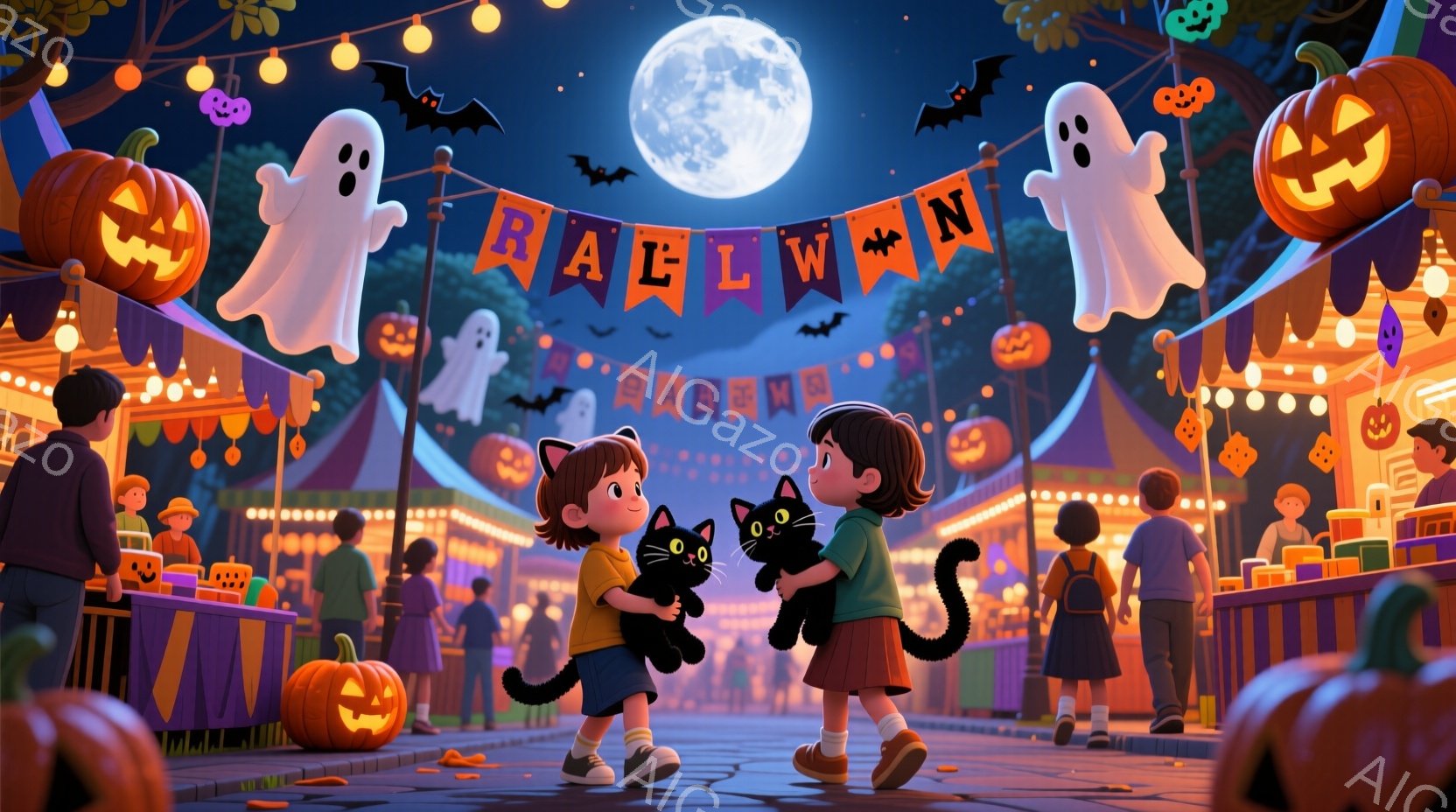 ハロウィーンの夜、二人の子供たちが黒猫を抱きしめて立っています。男の子は短髪で青い服を着ており、女の子は赤茶色の髪をツインテールにし、赤い服を着ています。背景には、カボチャ、お化け、コウモリで飾られた - AI生成フリー素材