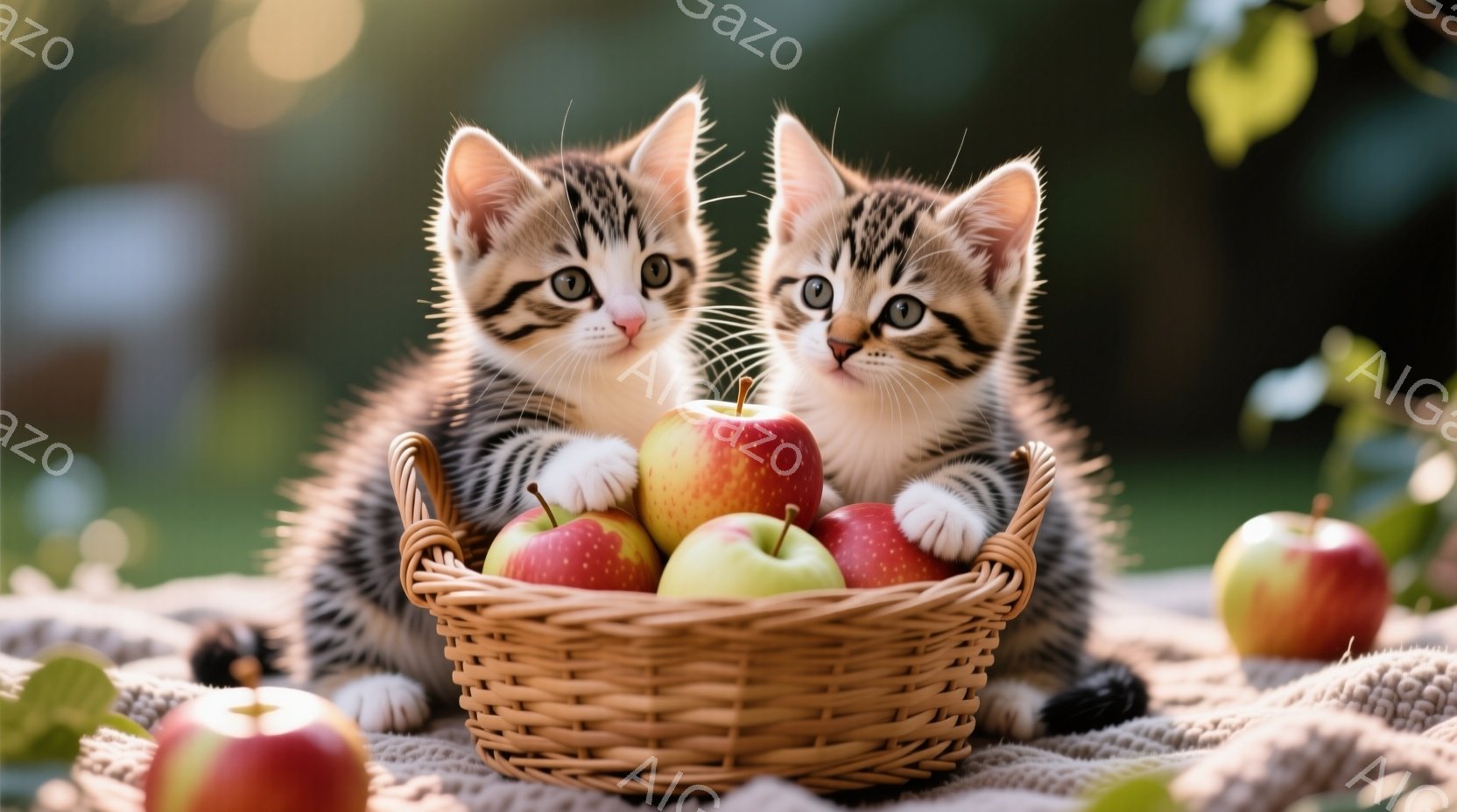 2匹の子猫が見つめ合っているところを描いたものです。両方が目を見開けており、表情によって友好的な雰囲気が生まれているようです。背景は明るく、屋外の環境と思われます。彼らはバスケットに入った赤いリンゴを見つめており、それは彼らが植物であることを示しているかもしれません。