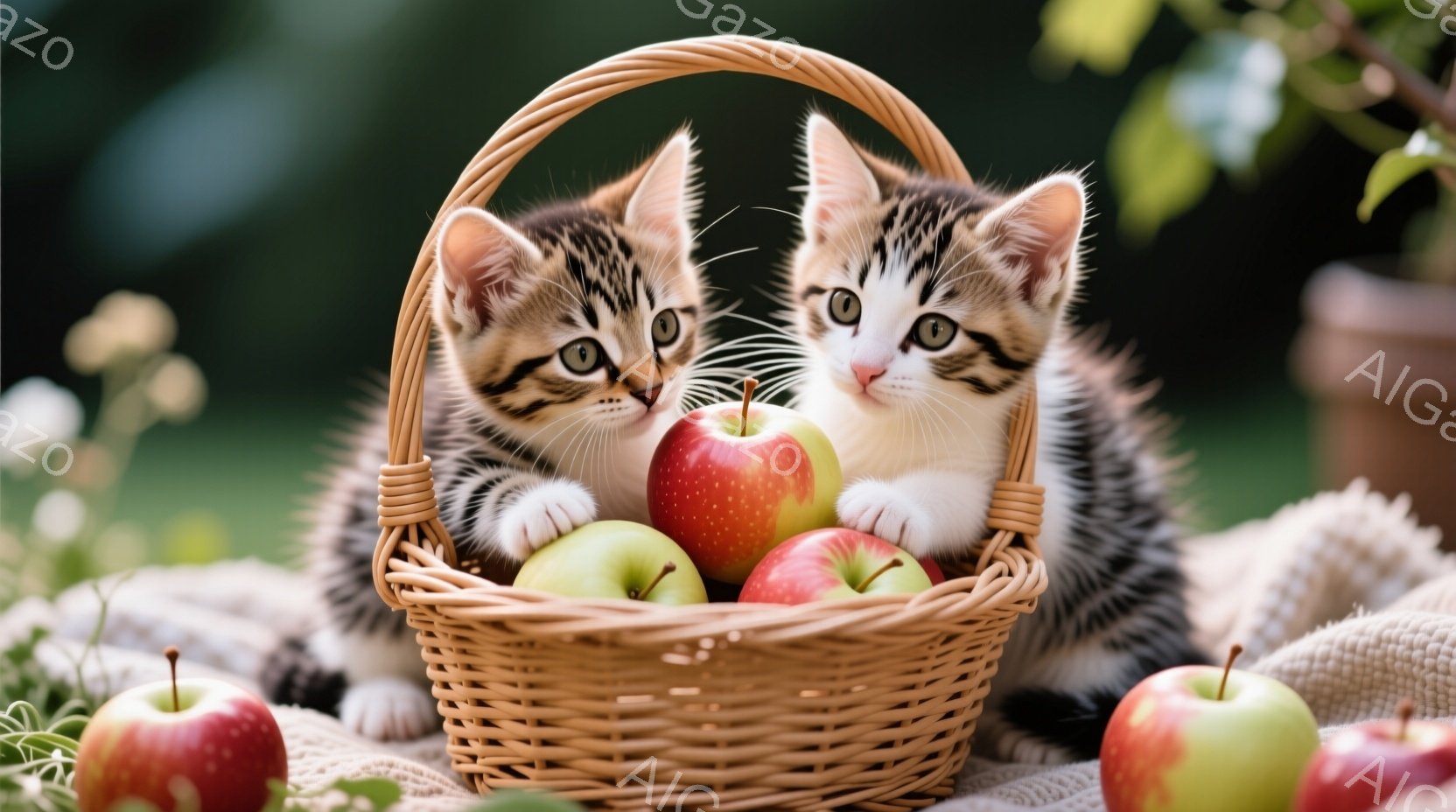 籠の中に縞模様の子猫が二匹寄り添って座っており、それぞれが赤いリンゴを前にしています。籠は毛布の上に置かれ、背景には緑の葉とぼやけた自然の風景が広がっています。全体的に暖かく、可愛らしい雰囲気で、秋の - AI生成フリー素材