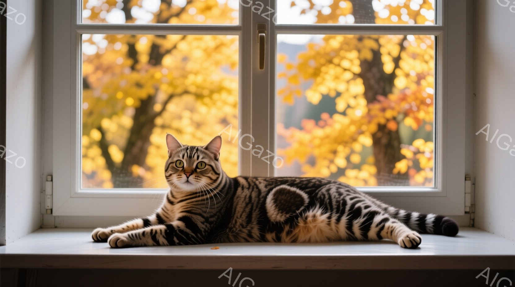 この、一頭のタイガースキャットが登場しています。その目は視察に集中しており、体は柔らかくリラックスした状態であり、毛色は濃いオリーブグリーンと黒で、斑点があります。 窓の裏には、秋の景色が見えており、それは黄金色の木々がある宛てです。 温かく、安らぎと平和をもたらします。
