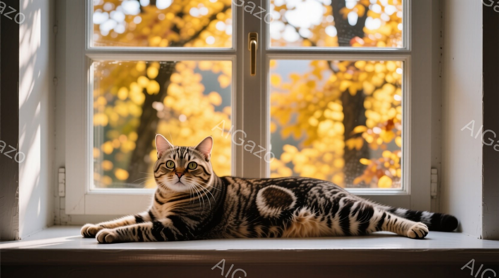 窓辺に縞模様の猫が横たわっており、正面を見つめています。背景には秋の鮮やかな黄色の葉を持つ木々がぼやけて見え、暖かく穏やかな雰囲気を醸し出しています。光が柔らかく差し込み、猫の毛並みを照らし、リラック - AI生成フリー素材