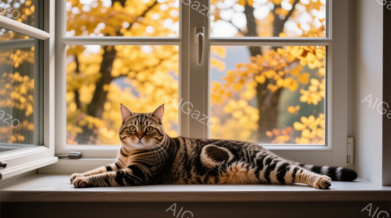 茶色と黒の縞模様の猫が窓枠の上でリラックスして横たわっています。猫は正面を見ており、落ち着いた表情をしています。背景には、鮮やかな秋の紅葉が広がり、暖かく穏やかな雰囲気を醸し出しています。 - AI生成フリー素材