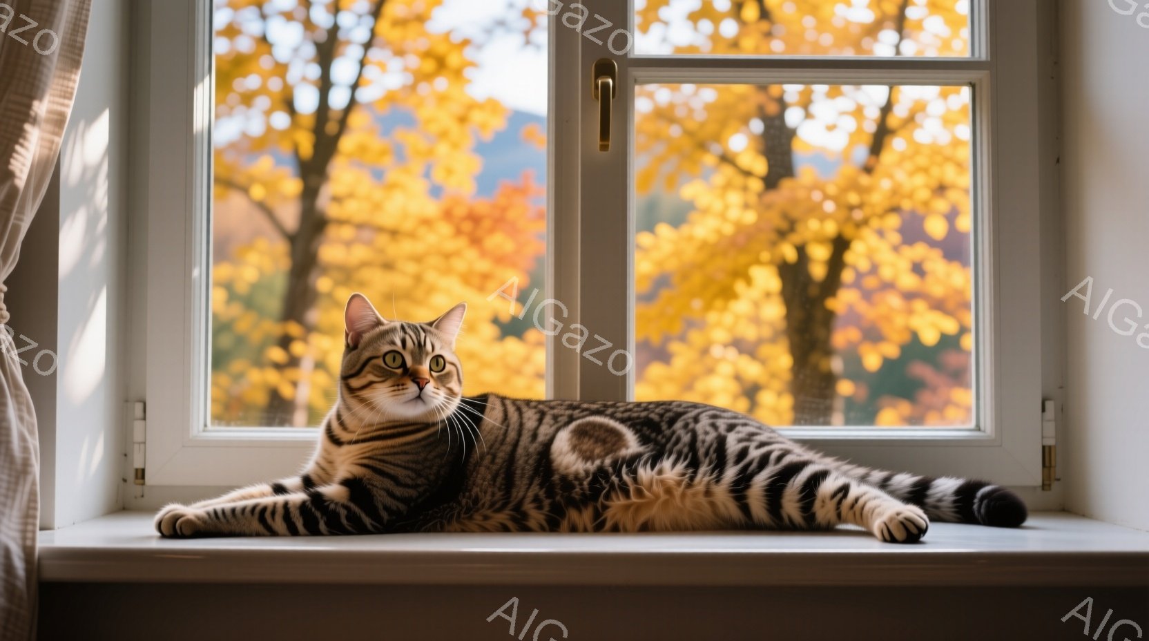 縞模様の猫が窓枠に横たわっており、リラックスした様子でこちらを見ている。背景には秋の鮮やかな紅葉が広がり、窓枠の白さと猫の毛並みのコントラストが美しい。暖かく穏やかな雰囲気が感じられる、秋の日の静かな - AI生成フリー素材