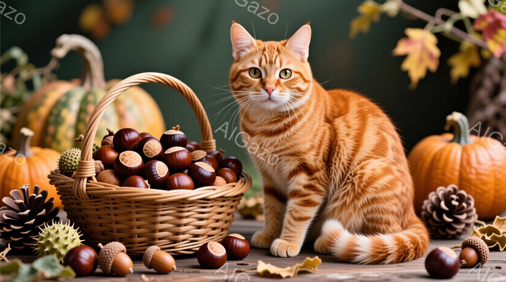 明るいオレンジ色の毛並みの猫が、木製のテーブルの上に座っています。その前には、栗やドングリ、松ぼっくりなどが詰まったバスケットがあり、背景にはハロウィンのカボチャがぼんやりと見えます。全体的に秋の収穫を祝うような、暖かく心地よい雰囲気です。