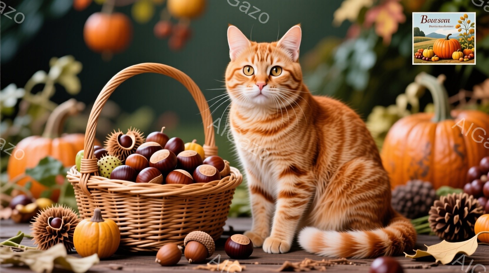 暖色系の背景に、編み込みのバスケットが置かれ、栗、どんぐり、松ぼっくり、小さなカボチャが溢れています。その隣には、毛並みの美しいオレンジ色の猫が、正面を見て穏やかな表情で座っています。全体的に秋の収穫を祝う温かく、豊かな雰囲気の静物画です。