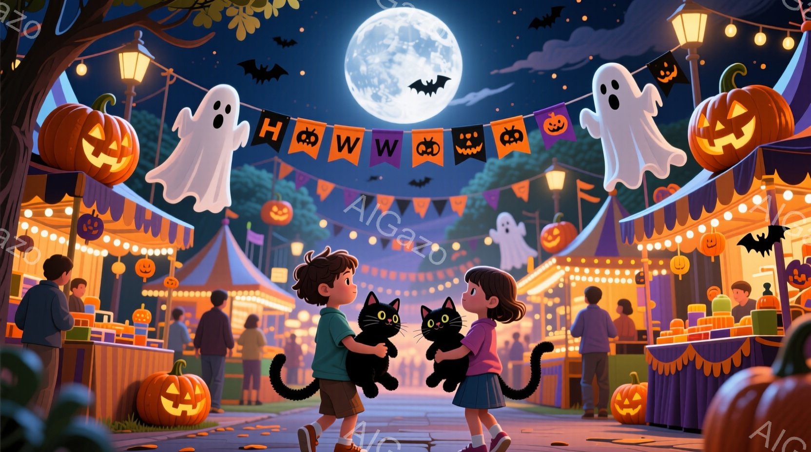 夜のハロウィーンの祭り会場で、少年と少女がそれぞれ黒猫を抱きかかえて向き合っています。少年は短髪で、茶色のズボンと青いシャツを着ており、少女はピンクのリボンで結んだ髪、白地にピンクの花柄のワンピースを - AI生成フリー素材