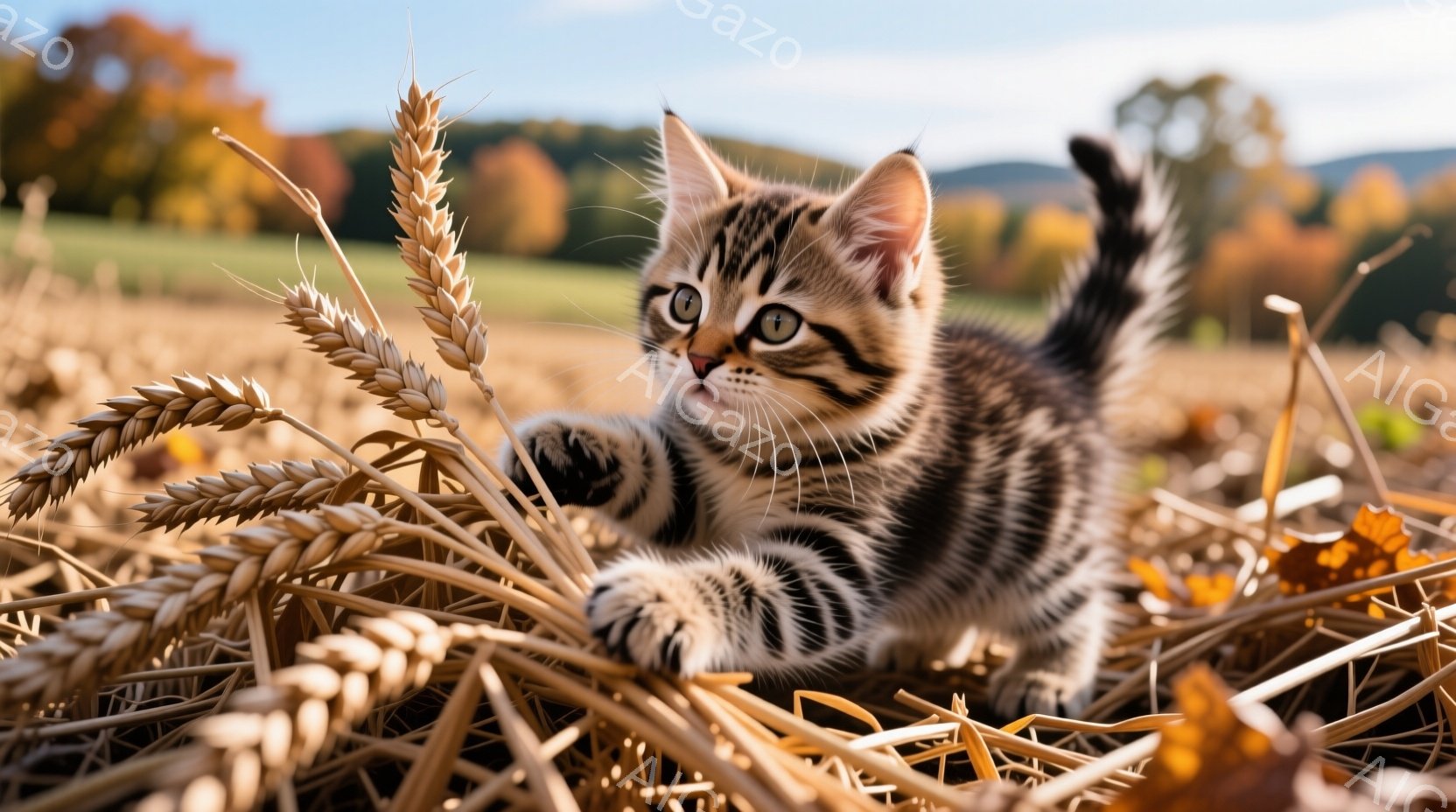 縞模様の小さな子猫が、黄金色の麦畑の中で遊んでいます。猫は前足を伸ばして何かを捕まえようとしており、好奇心と遊び心にあふれた表情をしています。背景には緑の丘と木々が見え、晴れた秋の日の穏やかな雰囲気が漂っています。