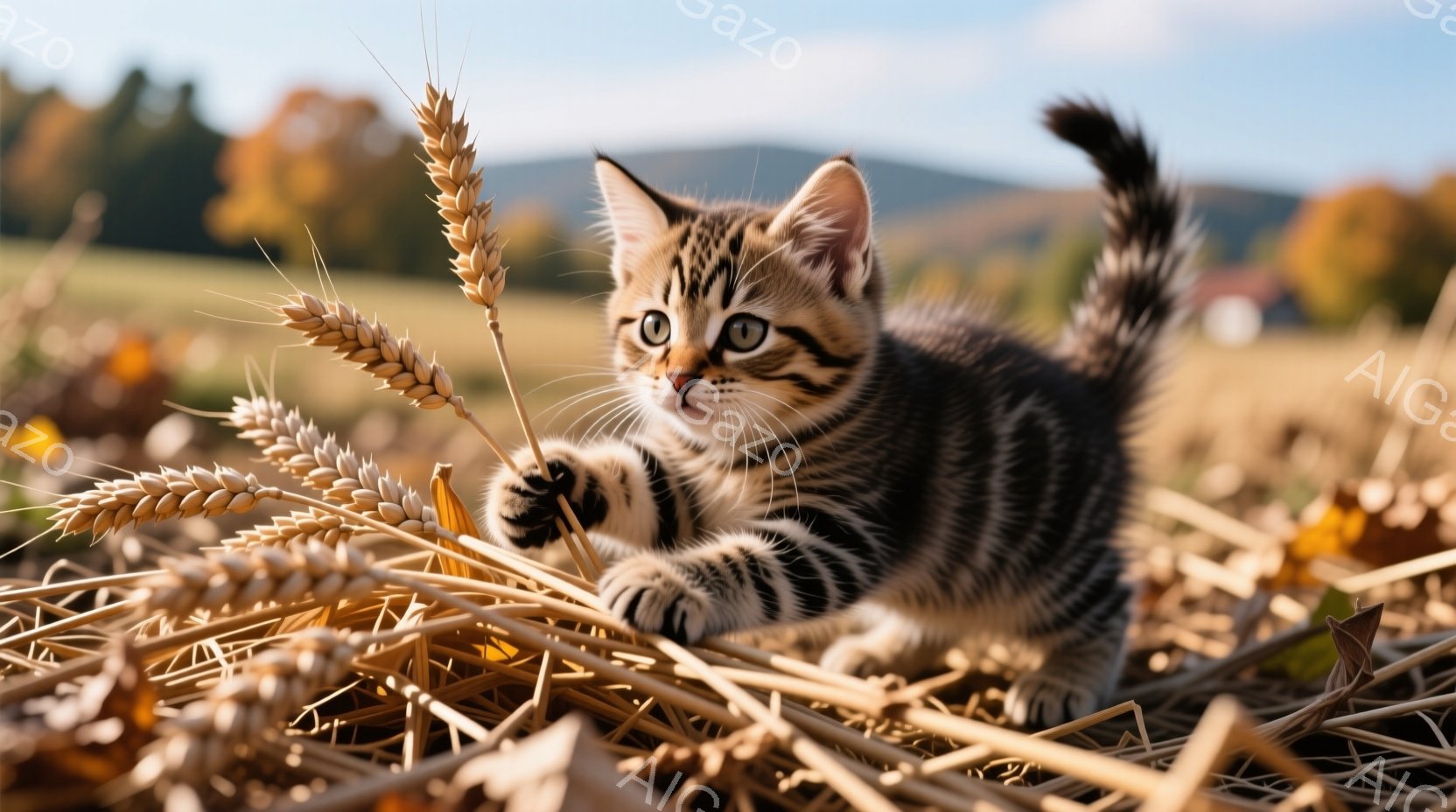 縞模様の小さな子猫が、乾燥した麦わらの中で前足を伸ばして遊んでいます。子猫は大きな緑色の瞳で何かを見つめ、好奇心旺盛な表情を浮かべています。背景には、緑豊かな草原と遠くに見える山々が広がり、穏やかで暖かい秋の日の雰囲気が感じられます。