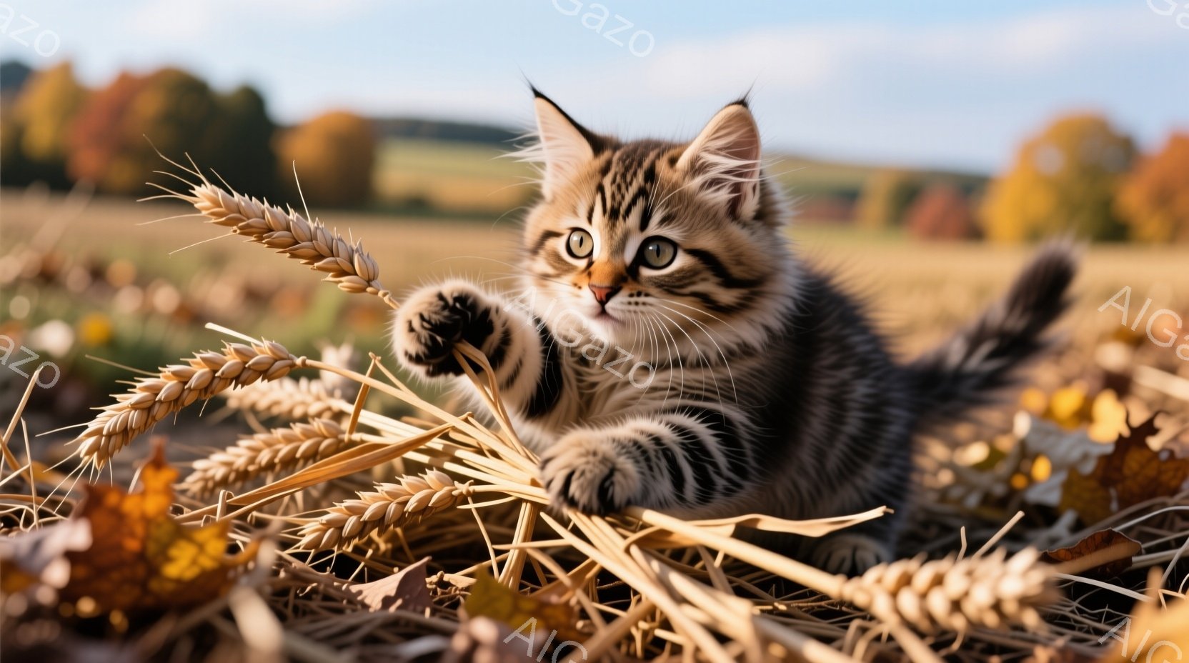 小さな縞模様の猫が、刈り取られた小麦の束の中で遊んでいます。猫は前足で小麦を掴み、好奇心と遊び心に満ちた表情でこちらを見ています。背景には黄金色の畑が広がり、秋の穏やかな日差しが降り注ぎ、暖かく平和な - AI生成フリー素材