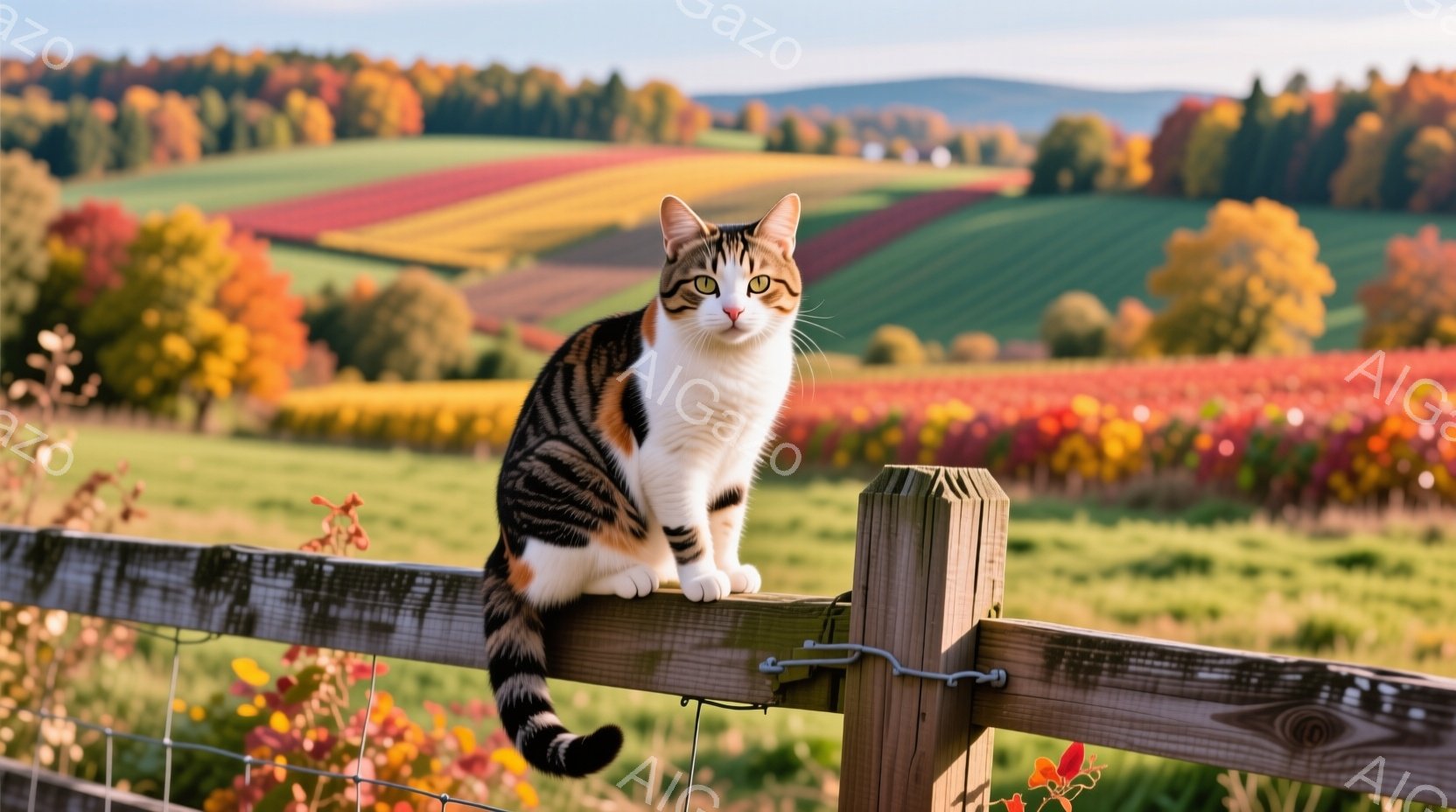 白と茶色の縞模様の猫が、木製の柵の上にとまってこちらを見ています。背景には、赤、黄、緑色の畑が広がり、遠くには緑の丘と山々が見えます。秋の晴れた日差しの中で、猫はリラックスした様子で、穏やかな雰囲気を - AI生成フリー素材
