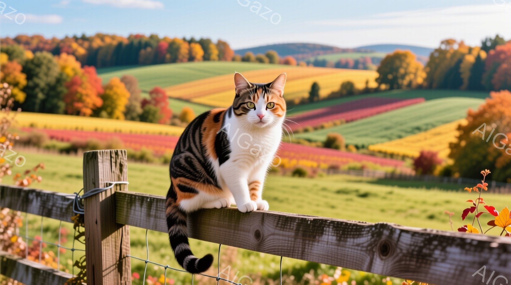 白と茶色のまだら模様の猫が、木製の柵の上でリラックスして座っています。背景には、秋の鮮やかな色彩で彩られた畑が広がり、遠くには緑の木々が見えます。秋の穏やかな日差しが降り注ぎ、暖かい雰囲気を醸し出して - AI生成フリー素材
