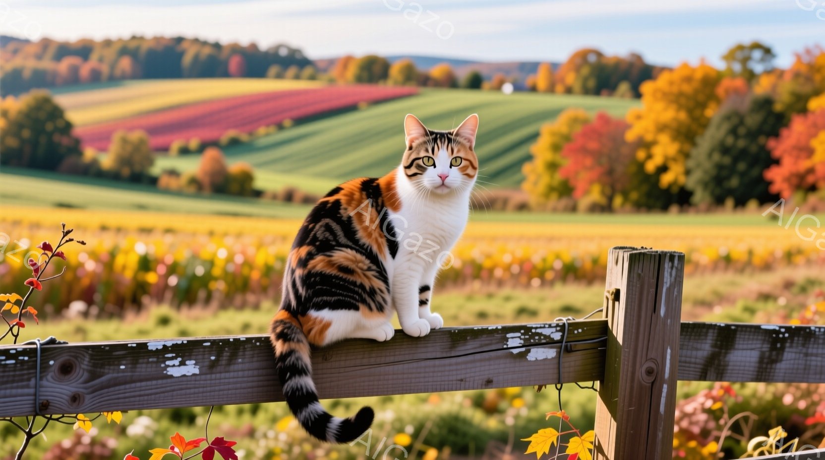 白、オレンジ、黒の毛並みを持つ猫が、古びた木製の柵の上に座って正面を見つめています。背景には、鮮やかなオレンジや赤色の花畑が広がり、遠くには起伏のある緑の丘と、秋らしい色彩の風景が広がっています。温か - AI生成フリー素材