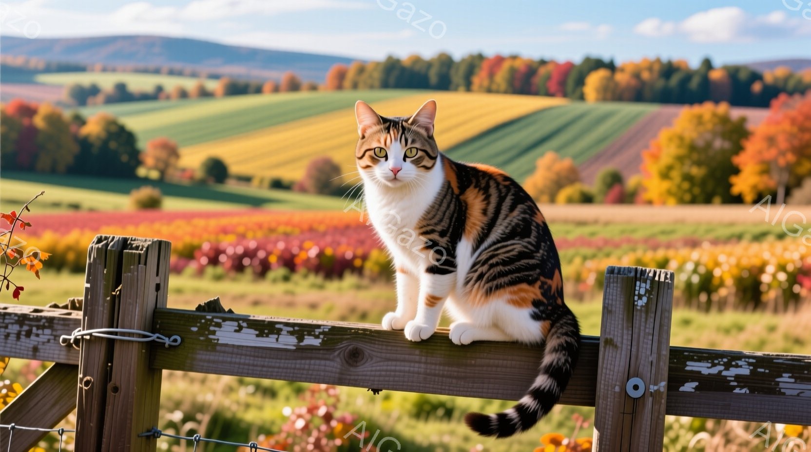 白とオレンジと黒のまだら模様の猫が、木製の柵の上にとまってこちらを見ています。背景には、緑、黄色、赤色の畑が広がり、遠くには緑の丘が連なっています。秋の穏やかな日差しが降り注ぎ、暖かく平和な雰囲気が漂 - AI生成フリー素材