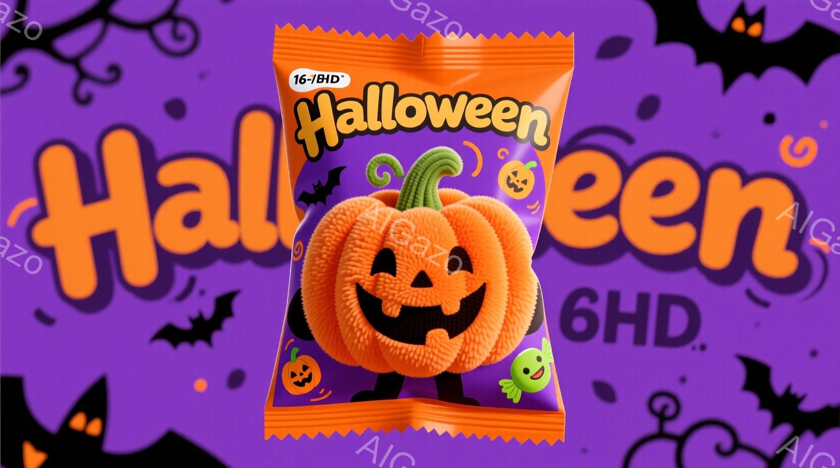 明るい紫色の背景に、ハロウィーンをテーマにしたお菓子のパッケージが描かれています。オレンジ色のパンプキン型のキャンディーが中央に大きく配置され、緑色のグミも描かれています。背景には黒いコウモリのシルエットが散りばめられ、お祭り気分を盛り上げています。