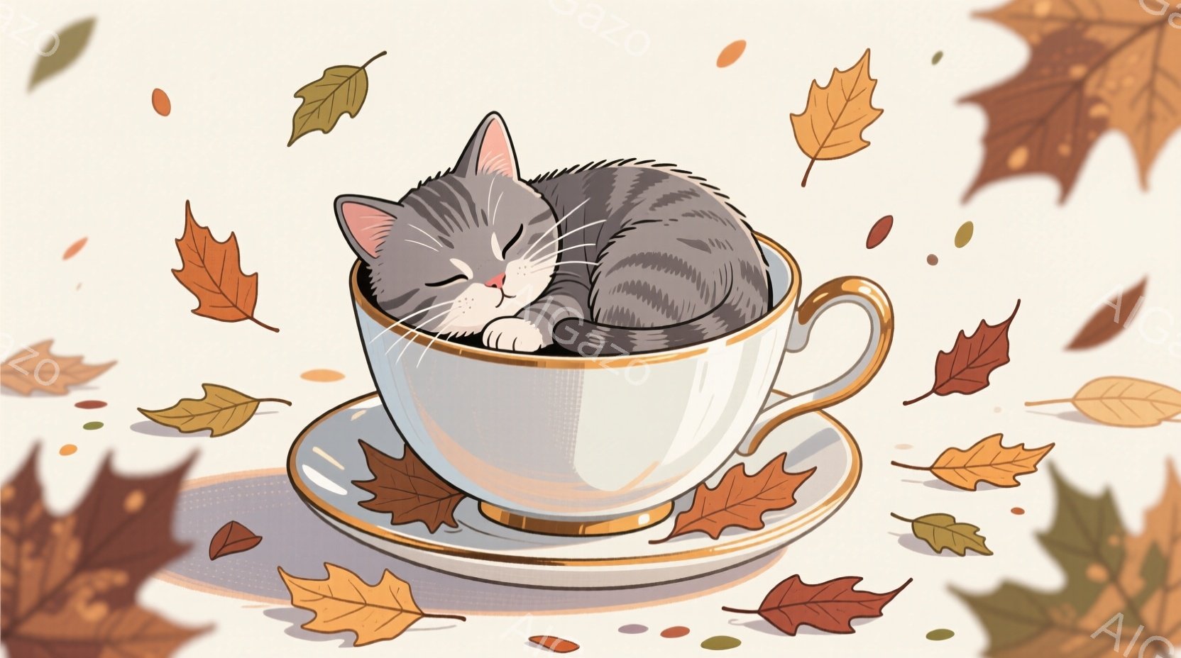 灰色の縞模様の猫が、金縁の白いティーカップの中で丸まって眠っています。背景には、落ち葉が舞い散り、秋の穏やかな雰囲気を醸し出しています。ティーカップはソーサーに乗っており、全体的に暖かく、可愛らしい印象を与えます。