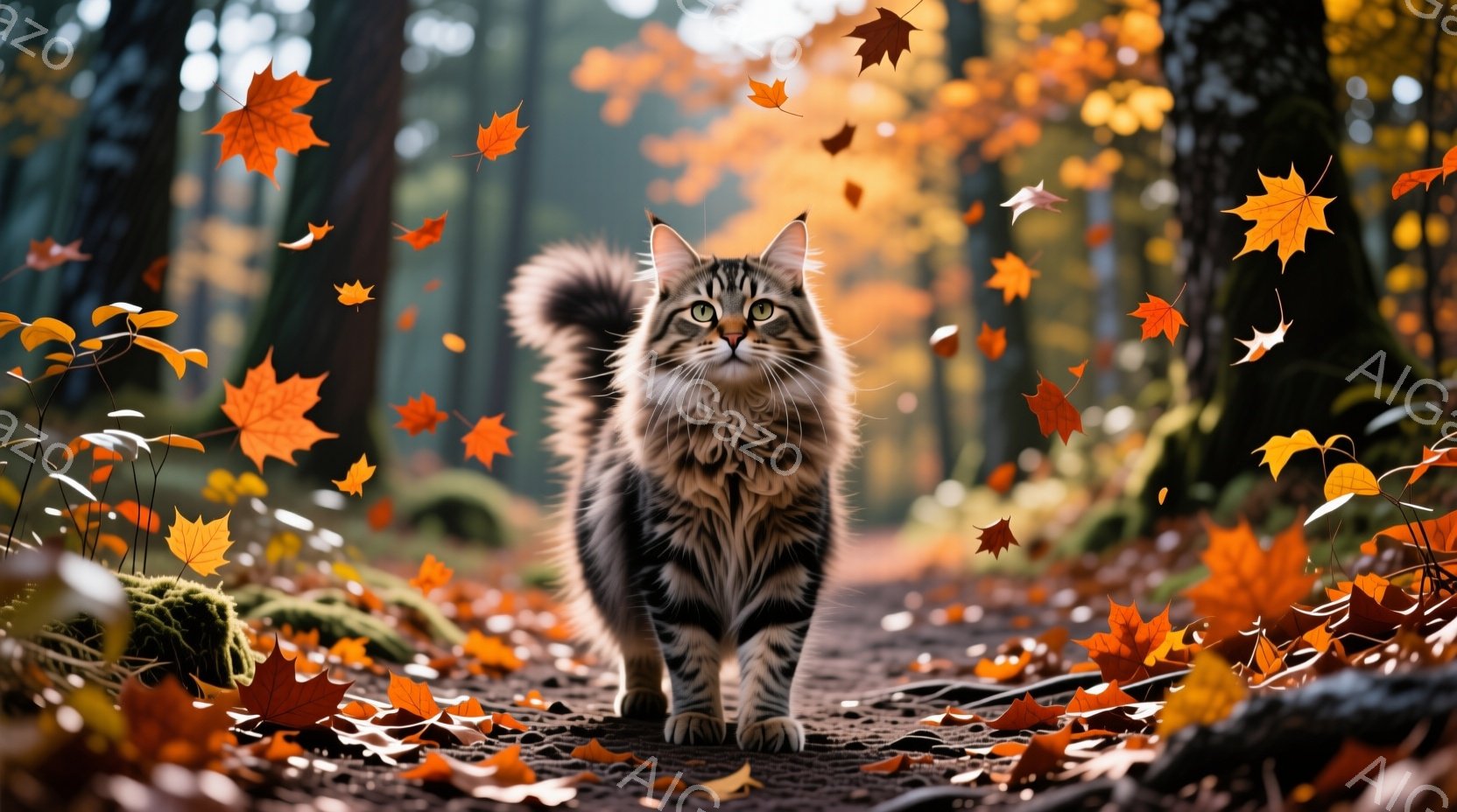 長毛の縞模様の猫が、落ち葉が舞う森の小道をまっすぐ歩いてくる。背景には緑豊かな木々と、秋らしい赤やオレンジ色の落ち葉が散りばめられ、温かく幻想的な雰囲気を醸し出している。猫の毛並みはふさふさとしており、澄んだ瞳がこちらを見つめている。