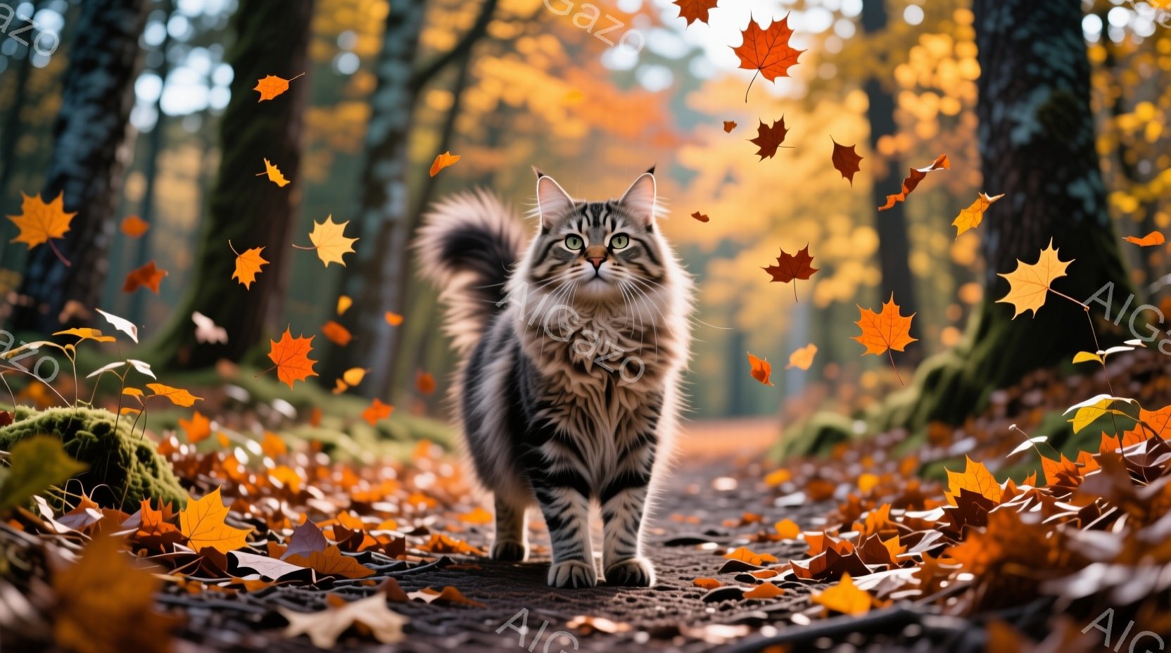 美しい縞模様の大きな猫が、落ち葉が舞う森の小道の中央をまっすぐ見つめて歩いています。その表情は自信に満ちており、ふさふさとした尾が優雅に揺れています。背景は鮮やかな紅葉の木々と、地面を覆うオレンジと黄色の落ち葉で彩られ、秋の暖かく穏やかな雰囲気を醸し出しています。