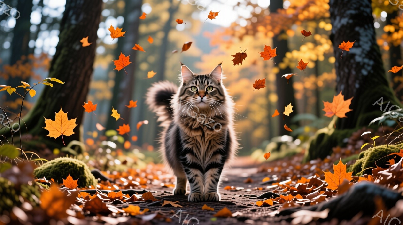 縞模様の大きな猫が、落ち葉が舞う森の小道の中央で正面を向いて立っている。猫は毛並みが豊かで、深い緑色の瞳が印象的だ。背景には苔むした木々や落ち葉が広がり、秋の暖かく穏やかな雰囲気を醸し出している。