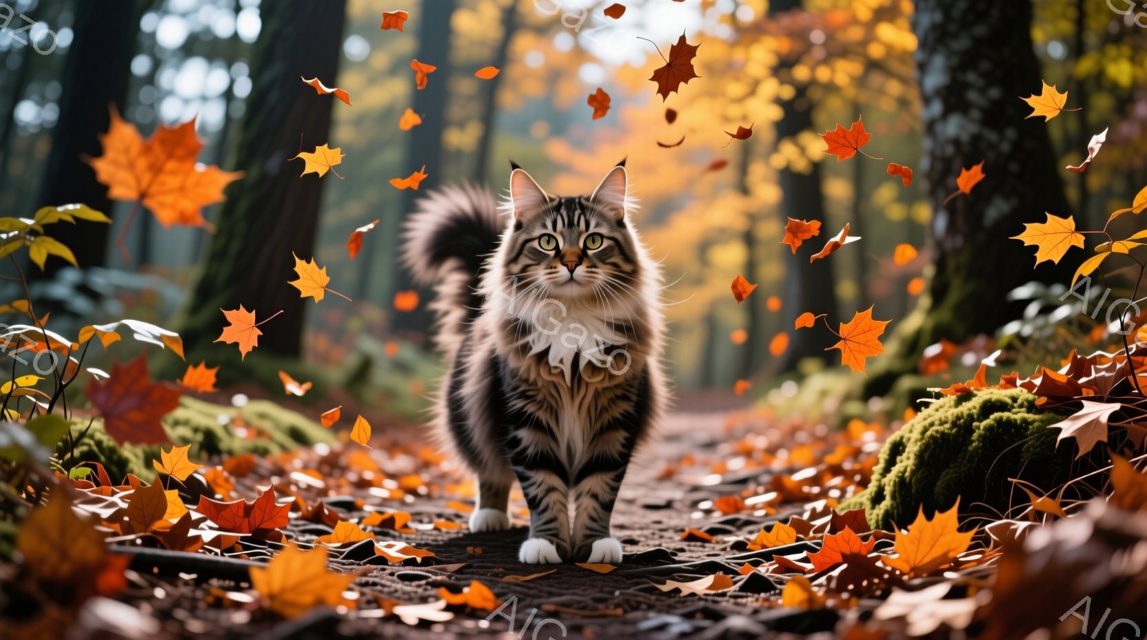 長い毛並みの縞模様の猫が、落ち葉が敷き詰められた森の道をまっすぐ歩いている。猫は自信に満ちた表情で前を見据え、ふさふさの尻尾が優雅に揺れている。背景には秋の光が差し込み、鮮やかな紅葉と緑の苔が猫の周り - AI生成フリー素材