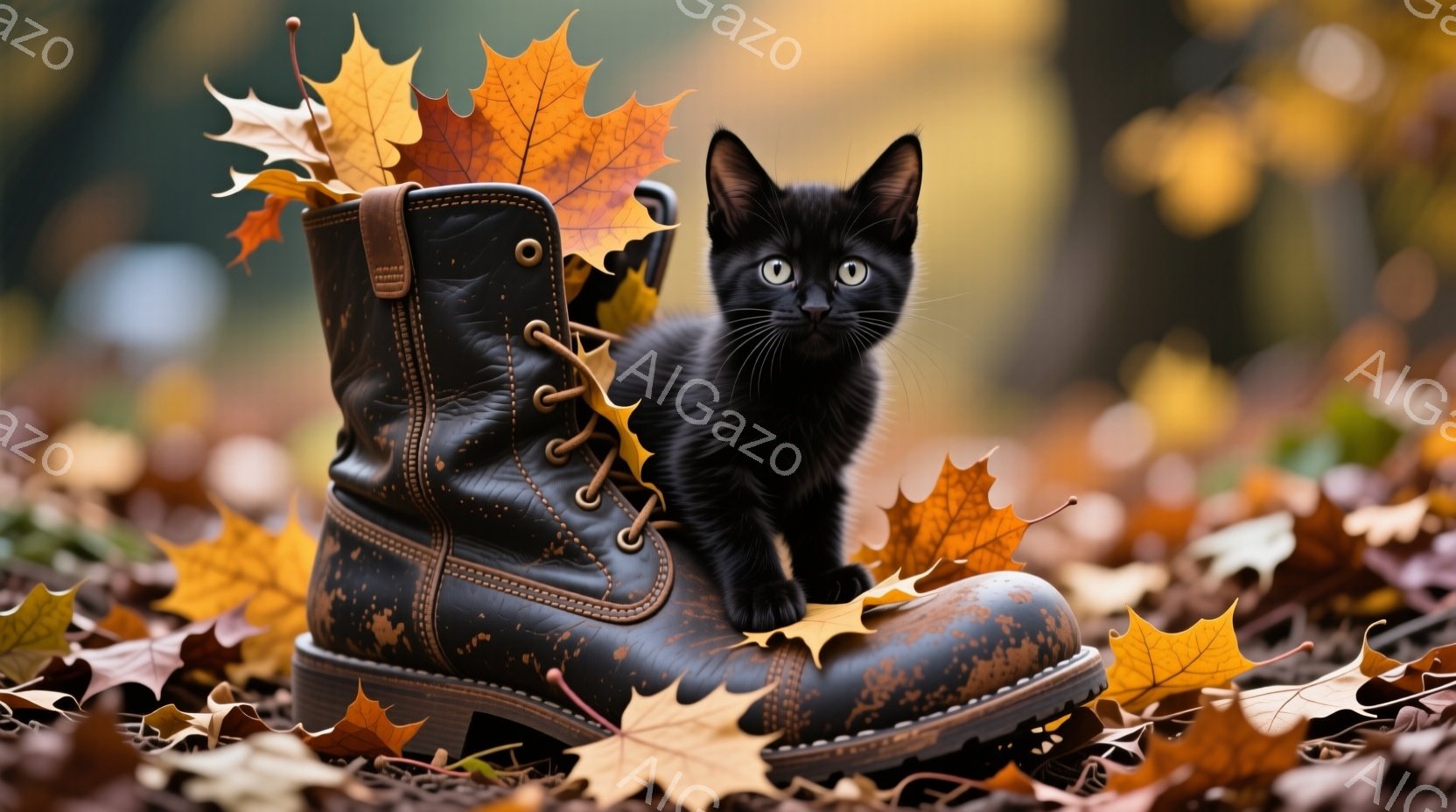 黒い子猫が、擦り切れた茶色のブーツの中に座っています。周囲には鮮やかな黄色の紅葉が散らばり、秋の風景を彩っています。背景はぼやけており、暖色系の色調が猫と紅葉を引き立てています。