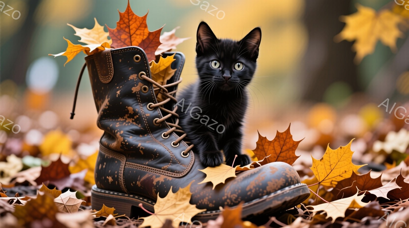 鮮やかなオレンジ色の落ち葉に囲まれた、磨り減った茶色のブーツの上に、小さな黒猫が座っています。猫は緑色の目を輝かせ、わずかに好奇心と警戒心を混ぜた表情をしています。背景はぼやけた秋の風景で、暖色系の色調が猫とブーツを際立たせており、秋の穏やかで温かい雰囲気を醸し出しています。