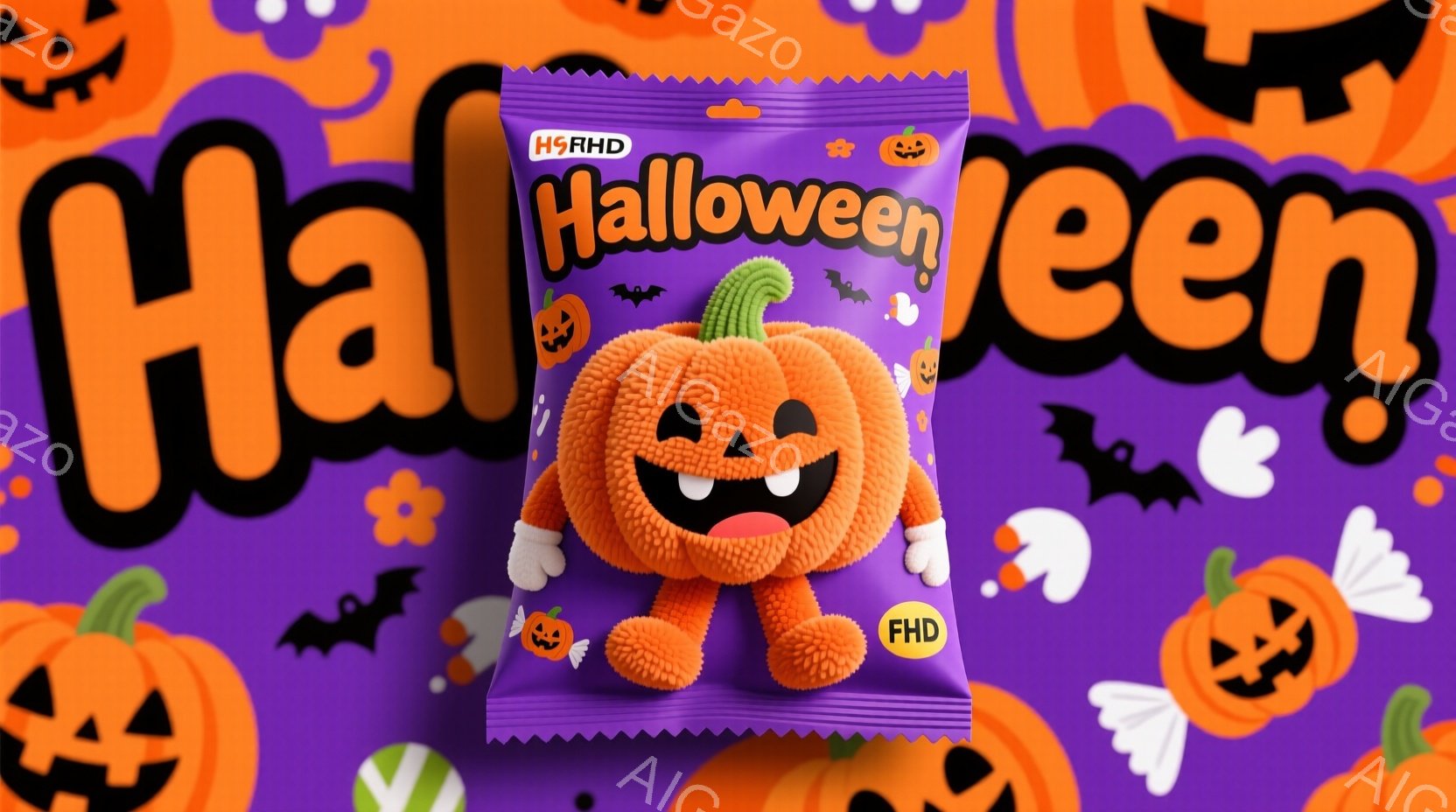 紫色の背景に、ハロウィーンをテーマにした様々なデザインが配置されています。中央には、ふわふわしたオレンジ色のカボチャが描かれた包装紙があり、その周りには白い花、黒いコウモリ、そしてより小さなカボチャの - AI生成フリー素材