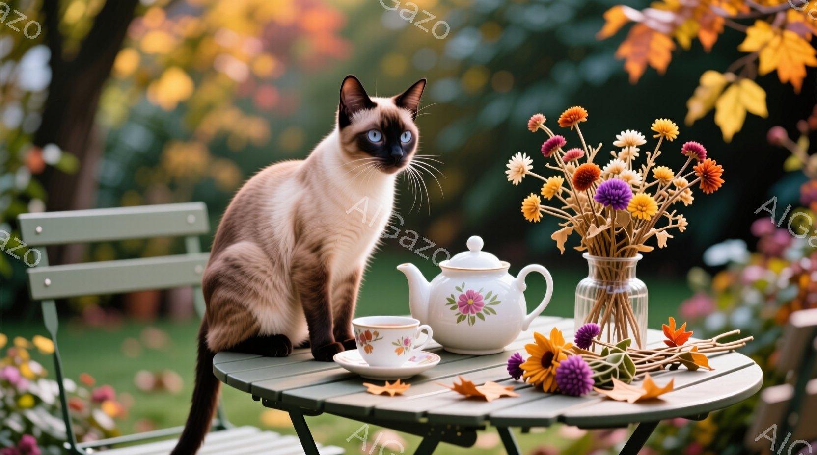 シナモンの毛並みを持つ猫が、緑色の小さなテーブルの上に座ってこちらを見つめている。テーブルの上には、花柄のティーポットとティーカップ、そして色とりどりの花が飾られた花瓶が置かれており、落ち葉が散らばっている。背景には緑豊かな庭と、秋らしい紅葉が広がっており、穏やかで温かい雰囲気を醸し出している。