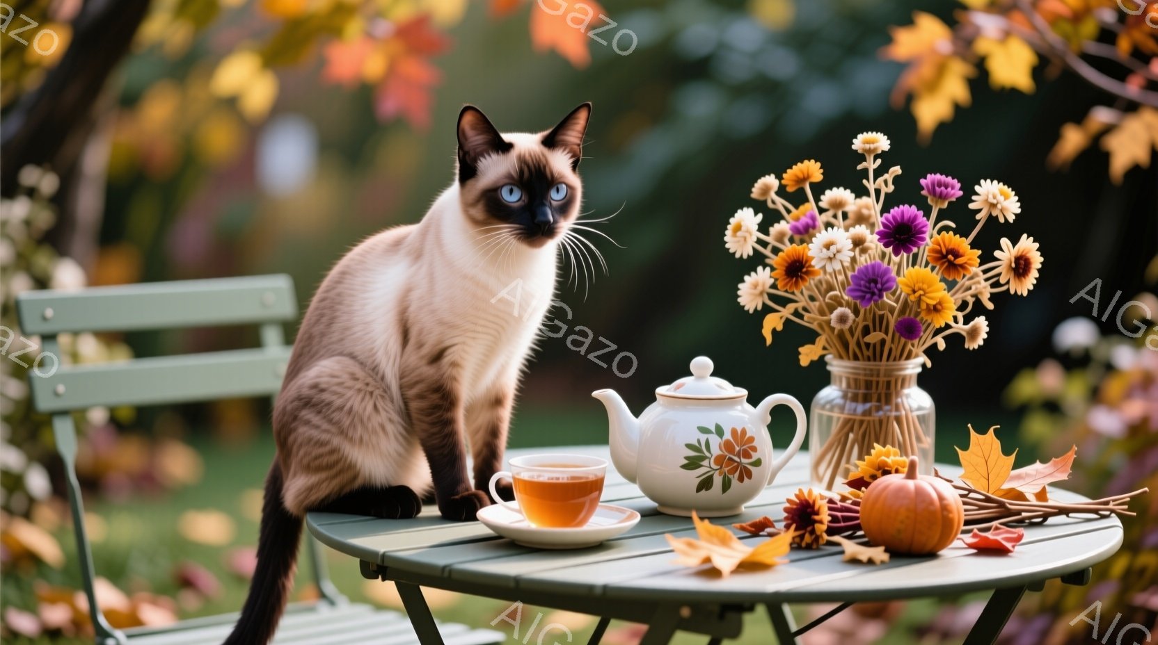 シナモン色の美しいシャム猫が、緑色の折りたたみテーブルの上に座ってこちらを見ている。テーブルの上には、花が活けられた瓶、ティーポットとティーカップ、そしてオレンジ色のカボチャと紅葉が置かれ、秋の穏やかな雰囲気を感じさせる。背景にはぼやけた庭と、色とりどりの紅葉が広がり、暖かく、落ち着いた空間を演出している。