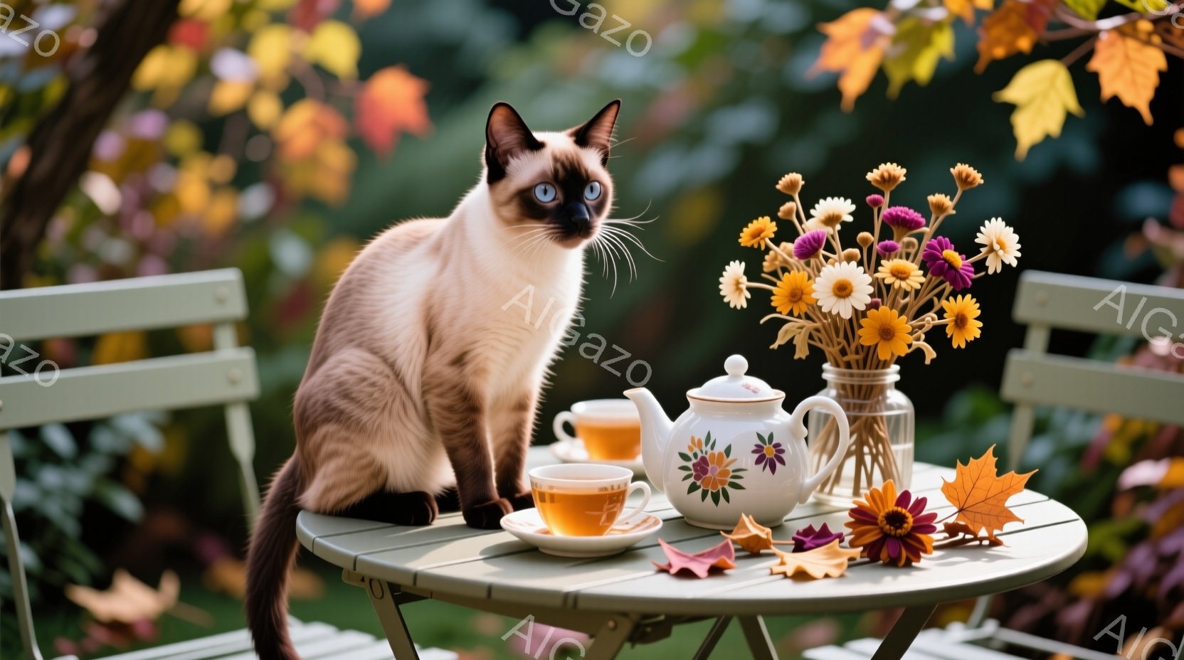 シーマ模様の猫が、緑色の折りたたみテーブルの上に座り、こちらを見つめています。テーブルの上には、花が描かれた白いティーポットとティーカップ、そして秋らしい紅葉が飾られています。背景には緑豊かな植物とぼやけた秋の風景が広がり、穏やかで暖かい秋の日の雰囲気が漂っています。