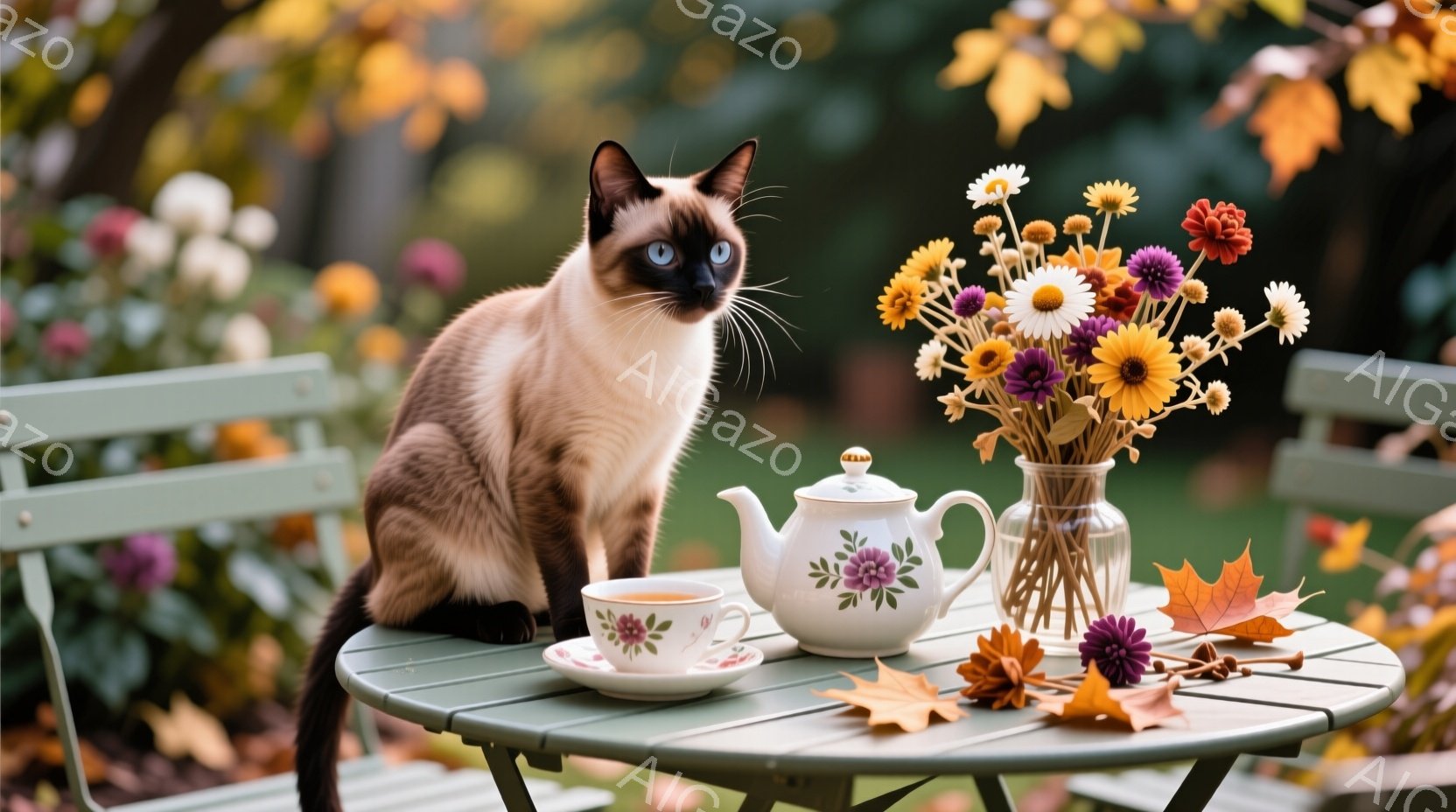 シナモン色の美しいシャム猫が、緑色の円卓の上に座ってこちらを見つめています。テーブルの上には、花柄のティーカップとティーポット、そして鮮やかな秋色の花が飾られた花瓶が置かれ、落ち葉が散らばっています。背景には色とりどりの花が咲き乱れる庭があり、暖かく穏やかな秋の日の雰囲気が漂っています。
