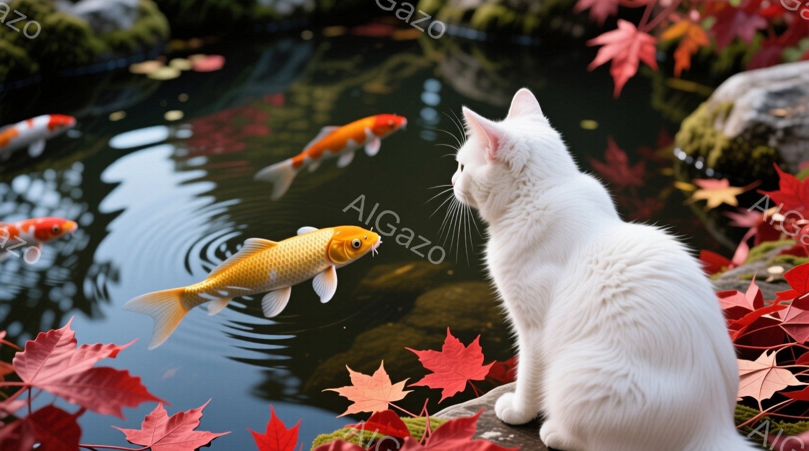 白い猫が池の縁に座り、金色の鯉を見つめている。背景には、鮮やかな赤色の紅葉が散りばめられ、水面には鯉の泳ぐ影が映っている。全体的に穏やかで、秋の静けさを感じる雰囲気である。 - AI生成フリー素材