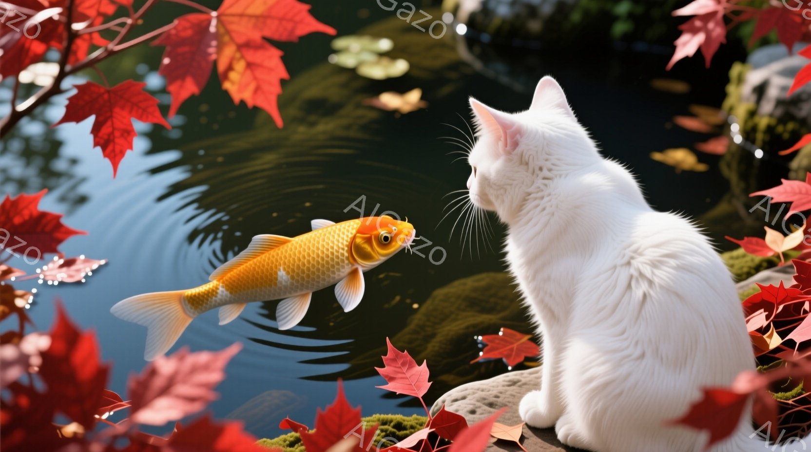 白い猫が池のそばの岩の上に座り、金色の鯉を見つめている。背景には鮮やかな赤い紅葉が咲き乱れ、水面には鯉が泳ぐ影が映っている。穏やかで静かな秋の日の、自然の美しさを捉えた、心安らぐ光景である。 - AI生成フリー素材