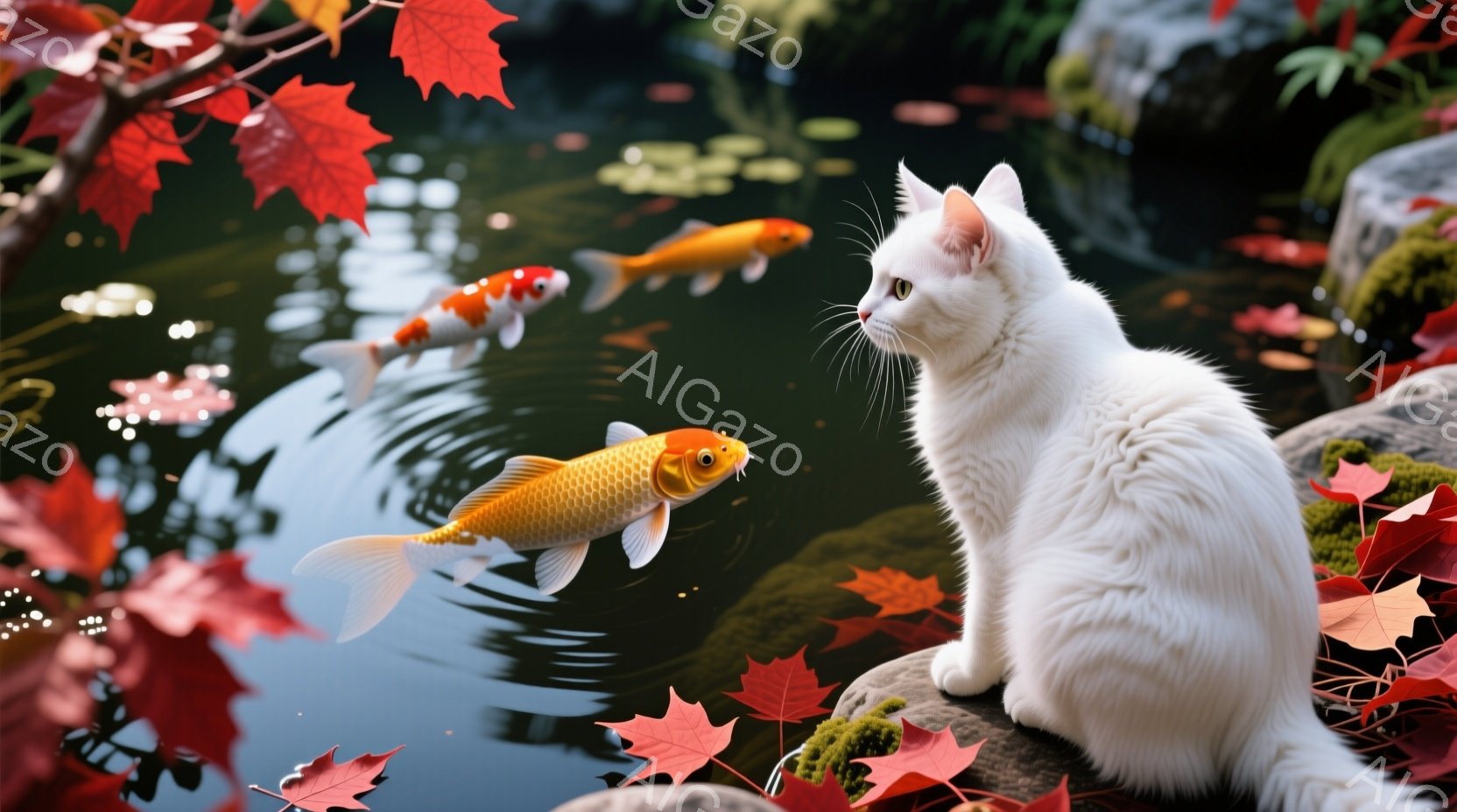 白い猫が岩の上に座り、池の中を泳ぐ金魚たちを眺めている。背景には鮮やかな紅葉の葉が散りばめられ、水面には光の反射が映り込んでいる。全体的に穏やかで、秋の静けさを感じさせる、美しい情景である。 - AI生成フリー素材