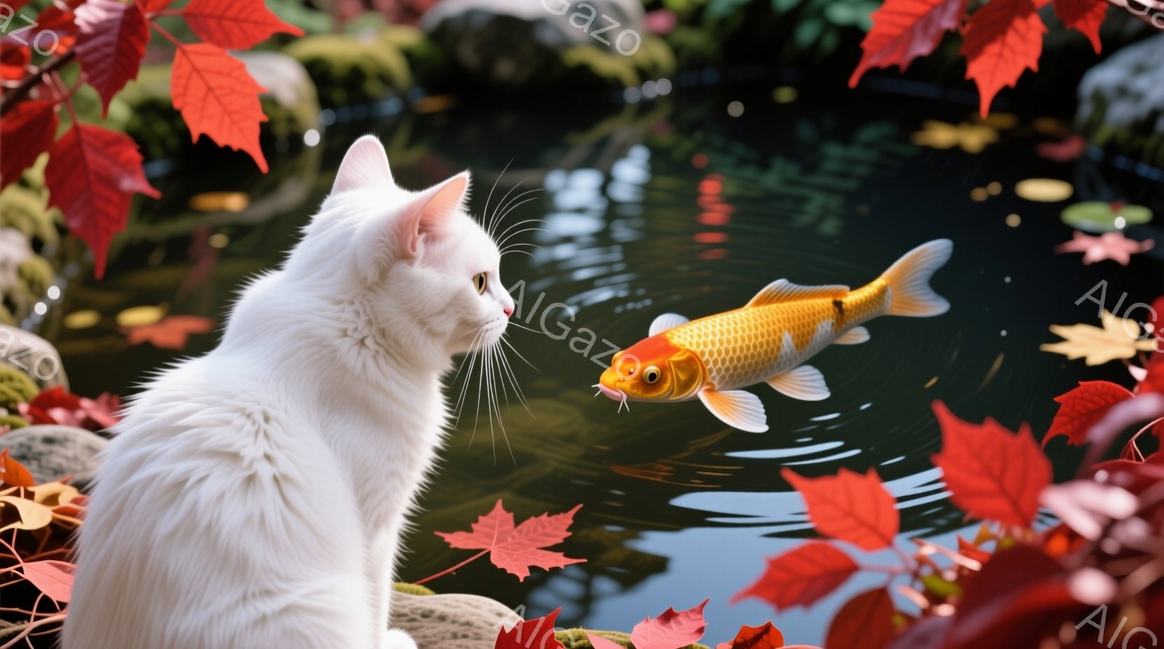 白い毛並みの猫が、水面を見つめており、オレンジ色の鯉が猫の視線の先で泳いでいる。背景には赤やオレンジ色の紅葉が散りばめられ、水面にはその影が映り込んでいる。全体的に穏やかで秋らしい、趣のある雰囲気が漂 - AI生成フリー素材