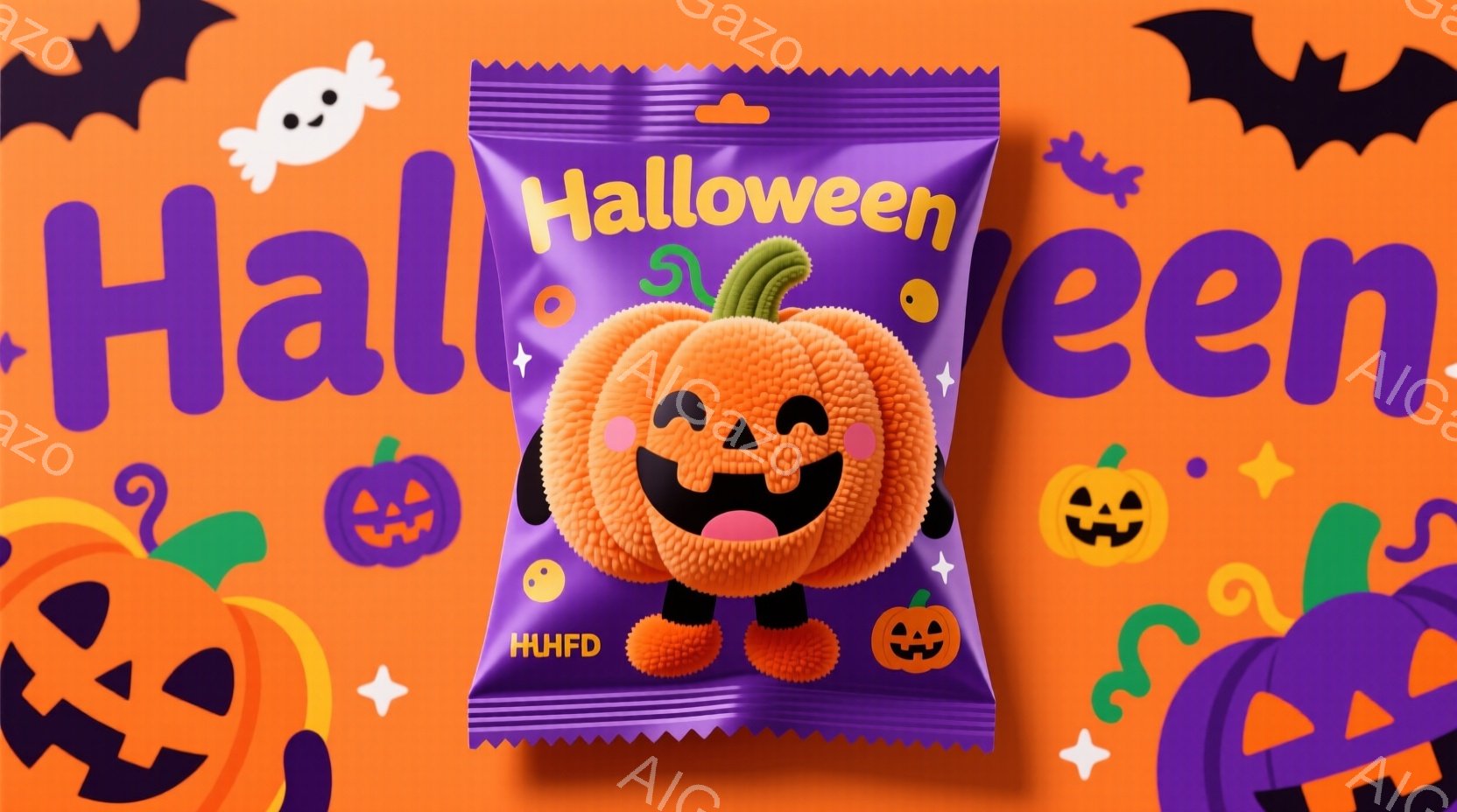 明るい紫色の背景に、かわいらしいハロウィーンのイラストが描かれています。オレンジ色の、笑顔のジャック・オ・ランタンのキャラクターが中央に大きく描かれており、周りには幽霊やカボチャの模様が散りばめられて - AI生成フリー素材