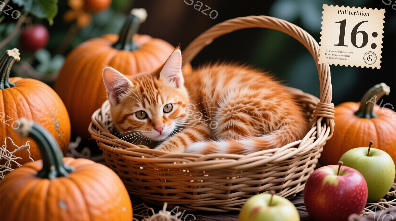 鮮やかなオレンジ色の猫が、編み込まれた茶色のバスケットの中に横たわっています。猫はリラックスした表情で、正面を見つめており、周囲にはカボチャやリンゴなどの秋の収穫物が散りばめられています。暖色系の色調 - AI生成フリー素材