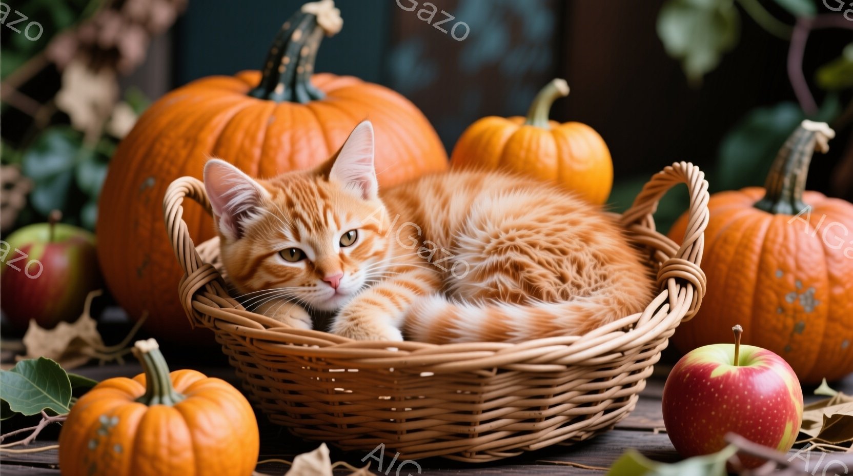 明るいオレンジ色の毛並みの猫が、編まれたバスケットの中に横たわっています。猫はリラックスした表情で、わずかにこちらを見ています。背景には、様々な大きさのオレンジ色のカボチャや赤いリンゴが散りばめられ、 - AI生成フリー素材